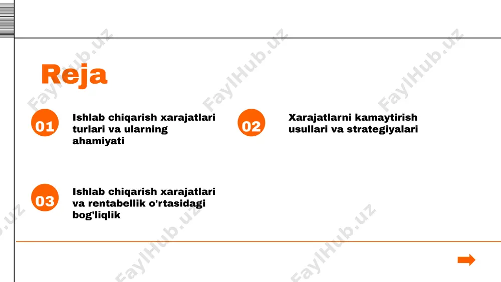 ntirishga yordam beradi. moliya yetishmovchiligi ko'plab universitetlar moliyaviy resurslari cheklanganligi sababli, zamonaviy o'quv materiallari va texnologiyalar bilan to'liq ta'minlanmayapti, bu esa ta'lim sifatini pasaytirishi mumkin. xalqaro hamkorlik o'zbekistondagi universitetlar xalqaro universitetlar bilan hamkorlikni kuchaytirish orqali ta'lim sifatini oshirish va global tajribalarni o'rganish imkoniyatiga ega. global raqobat dunyo bo'ylab ta'lim muassasalari o'rtasida kuchli raqobat mavjud, bu o'zbekiston universitetlarining talabalarga taqdim etilishi kerak bo'lgan imkoniyatlarni kamaytirishi va talabalarni chet elga ketishga undashi mumkin. logo company s w o t xarajatlarni kamaytirishning asosiy tamoyillari kamaytirishning zaruriyati xarajatlarni kamaytirish korxonaning rentabelligini oshirish va raqobatbardoshligini ta'minlash uchun muhimdir. bu jarayon orqali resurslarni yanada samarali ishlatish va keraksiz xarajatlarni kamaytirish maqsad qilingan. xarajatlarni kamaytirish tamoyillari 1. resurslardan samarali foydalanish: har bir resursni oqilona rejalashtirish va boshqarish. 2. jarayonlarni optimallashtirish: ishlab chiqarish jarayonlarini soddalashtirish va samaradorligini oshirish. 3. xarajatlarni monitoring qilish: xarajatlarni doimiy nazorat qilish va tahlil qilish orqali keraksiz xarajatlarni aniqlash. 4. innovatsion yondashuvlar: yangi texnologiyalarni …