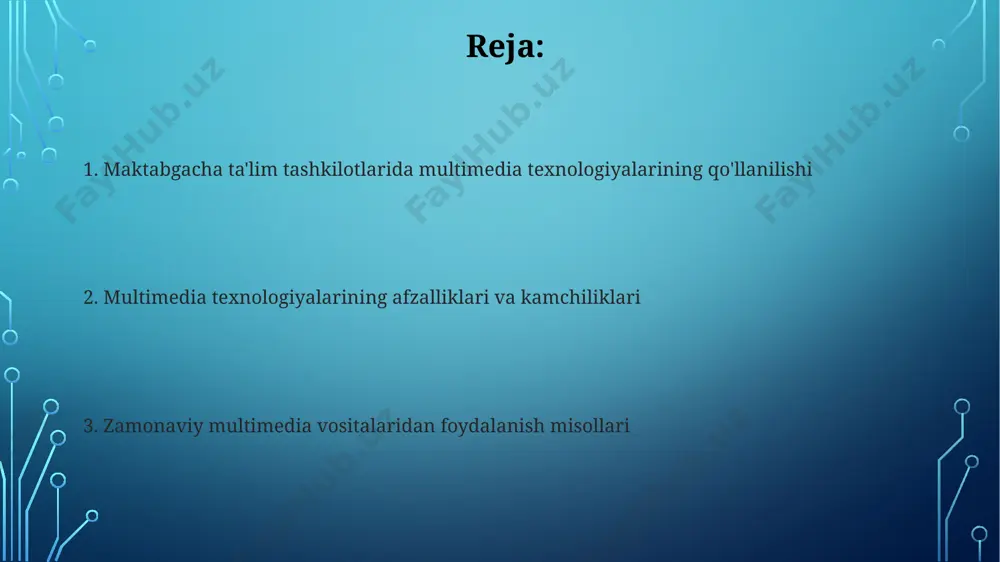 ajratilgan xonalarda, masalan, maxsus jihozlangan o‘yin xonasida amalga oshirilishi lozim. bu 10 dan ortiq bolaning bir vaqtning o‘zida ishlashi uchun xavfsizlik choralarini o‘z ichiga oladi. o‘zbekiston respublikasi sog‘liqni saqlash vazirligi tavsiyalariga ko‘ra, multimedia tarkibining mazmuni yoshga mos bo‘lishi va bolaning ruhiy-psixologik rivojlanishiga salbiy ta’sir ko‘rsatmaydigan bo‘lishi darkor. masalan, 5-6 yoshli bolalar uchun zo‘ravonlik sahnasi bo‘lgan videolar taqiqlanadi. bolalar uchun mos multimedia resurslarini tanlash bolalar uchun mos multimedia resurslarini tanlashda, 2-5 yoshgacha bo'lgan bolalar uchun mo'ljallangan, sodda interfeysga ega, yorqin ranglar va sodda animatsiyalar bilan yaratilgan, masalan, "montessori" uslubidagi o'yinlarni o'z ichiga olgan dasturlarni tanlash tavsiya etiladi. ta'lim maqsadlariga mos keladigan, masalan, harflarni, raqamlarni va oddiy so'zlarni o'rganishga yordam beradigan, 10 dan kamroq tugma yoki elementlarga ega interaktiv o'yinlar va videolarni tanlash kerak, bu esa bolalar uchun tushunarli va oson bo'ladi. interfaol o'quv dasturlari va ularning afzalliklari interfaol o'quv dasturlari, masalan, 3d modellashtirish dasturlari yordamida 5 yoshgacha bo'lgan bolalar toshkentdagi maktabgacha …