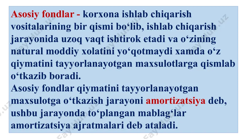 b chiqarishni texnik jixatdan qayta qurollantirish va zamonaviylashtirish, asbob-uskunalarni ta’mirlash grafiklarini tuzish, ta’mirlash vositalariga bo‘lgan extiyojni aniqlash imkonini bersa, qiymat bo‘yicha baxolash - asosiy fondlarni qayta ishlab chiqarish va rejalashtirish, ularning mavjud xajmini aniqlash, amortizatsiya xajmini belgilash, asosiy fondlar va ishlab chiqarish quvvatlaridan foydalanish darajasini taxlil qilish imkonini beradi. asosiy fondlarni baxolashning quyidagi usullari mavjud: boshlang‘ich qiymatga - asosiy vositalarni sotib olish uchun sarflangan xarajatlar, yetqazib berish, o‘rnatish kabi pul xarajatlarining jami kiradi. dastlabki baxo asosiy fondlarning foydalanishga topshirgan paytda xisobga olingan dastlabki muvozanat narxini ko‘rsatadi. misol. generator 150000 so‘mga sotib olindi. uni korxonaga yetqazib berish uchun 10000 so‘m, o‘rnatish uchun 20000 so‘m sarflandi. generatorlarnung dastlabki to‘la narxi - 180000 so‘mga teng. 150000 + 10000 + 20000 =180000 so‘m - tiklangan qiymati - asosiy fondlar yoki ularning biron-bir qismini (binolar, qurilmalar, mashinalar, ishlab chiqarish uskunalari) xozirgi paytdagi inflyatsiya va boshqa omillarni xisobga olgan xolda baxolash. baxolashning bu usuli ob’ektning bugungi …