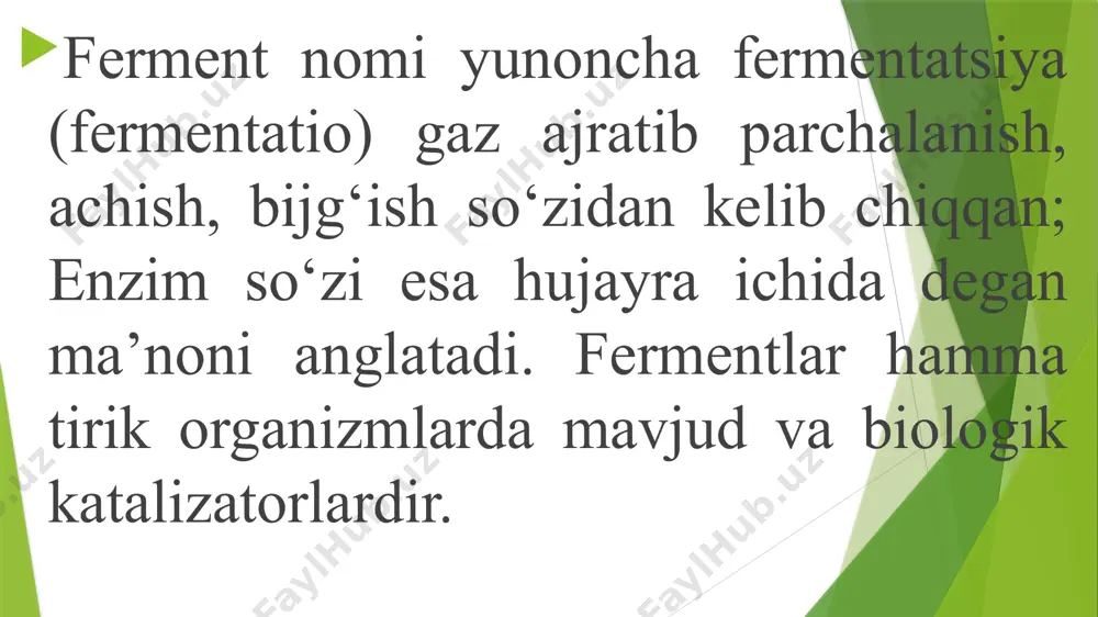 riga juda sezgir, ph 5 dan past va 9 dan yuqori sharoitda aktivligini yo’qotadi. shuning uchun ish davomida vodorod ion kotsentratsiyasi doimo ph metr yordamida nazorat qilib turilishi kerak. ishlatiladigan kimyoviy reagentlar toza bo’lish kerak. ish uchun ikki marta distillangan suv bilan yoki ion almashtirgich kolonkalardan o’tkazilib ionsizlashtirilgan suv bilan bajarilishi maqsadga muvofiq. fermentlarni ajratib olish uchun quyidagi usullardan foydalaniladi: ekstraksiya. buning uchun avval xujayra devori buzilishi kerak. hayvon to’qimalari uchun gomogenizatordan foydalanish qulay. gomogenizatorga to’qima tushirilib ustiga bir necha hajm atseton qo’shiladi. atseton -15-20 c gacha sovitilishi kerak. to’qima 1-2 minut davomida maydalanadi. cho’kma filtrlab olinadi. atseton uchirib yuboriladi. atseton ta’sirida xujayra devori buziladi, suvsizlanadi va lipidlarni ko’p qismi ketadi. atsetonli poroshoklar eksikatorda bir necha oy faolligini yo’qotmasdan shaklanishi mumkin. achitqilar orqali ekstraksiya qilish mumkin. ulardan fraksiyalash usullari yordamida tozalash mumkin. tozalash usullari bir necha xil bo’ladi. ularni ajratib olinadigan ferment tabiatiga ko’ra qo’llash mumkin. a) kislota bilan ishlash. …