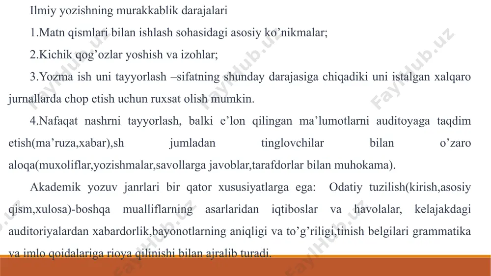 chun uni ikki yoki uchta alohida jumlaga bo'lishga harakat qiling. aniq bo'lmagan yoki etishmayotgan tezis bayonoti. tezis bayonoti har qanday ilmiy maqoladagi eng muhim jumla hisoblanadi. sizning tezis bayonotingiz aniq bo'lishi kerak va har bir paragraf ushbu tezis bilan bog'lanishi kerak. norasmiy til. akademik yozuv rasmiy ohangda bo'lib, unda jargo, iboralar yoki suhbatlashuvchi tillar bo'lmasligi kerak. tahlilsiz tavsif. o'zingizning ma'lumot manbalaringizdagi fikr va dalillarni shunchaki takrorlamang. aksincha, ushbu dalillarni tahlil qiling va ularning sizning fikringiz bilan qanday bog'liqligini tushuntiring. manbalarga ishora qilmaslik. tadqiqot va yozuv jarayonida manbalaringizni kuzatib boring. ularni doimiy ravishda bitta uslubiy qo'llanma (loyihaning boshida sizga berilgan ko'rsatmalarga qarab, mla, apa yoki chikago uslubiy qo'llanmasi) yordamida keltiring. ko'chirmachilikka yo'l qo'ymaslik uchun o'zingizga tegishli bo'lmagan har qanday g'oyani, ular parafrazlangan yoki to'g'ridan-to'g'ri keltirilgan bo'lsin, keltirish kerak. e’tiboringiz uchun rahmat image12.png image3.png image4.png image10.jpeg image11.png /docprops/thumbnail.jpeg