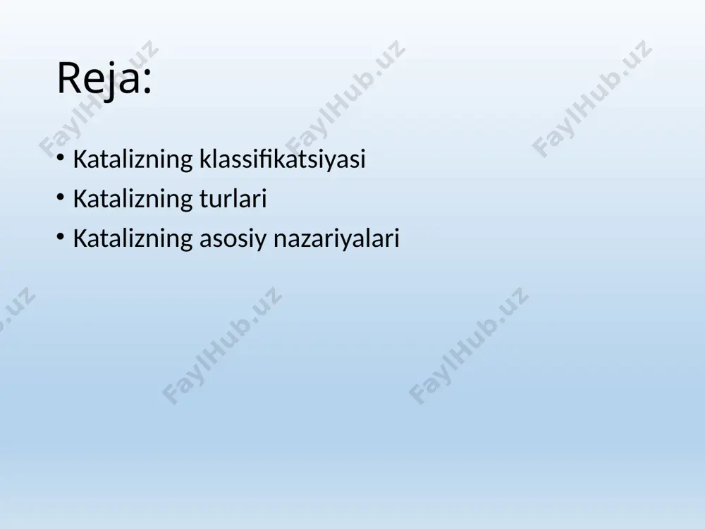 di. katalizning asosiy nazariyalari katalizning fizikaviy nazariyasi bu nazariya adsorblanish jarayoniga asoslangan.kataliz hozirda neft va gazni qayta ishlashda, biotexnologiyada va ekologiyada keng qo'llanilmoqda.kataliz hodisasini keng tarqalganligi, uning katta amaliy ahamiyatga egaligi va sirtdan qaraganda tushunish qiyin bo'lgan o'zgarishlarni yuz berishi oqibatida,katalizning nazariyasini oʻrganish zaruriyati tug'ildi.so'nggi vaqtlarda, ayniqsa,mdx olimlari tomonidan kataliz nazariyasini yaratishga keng miqyosda kirishildi.hozirda katalizni to'la -to'kis tushuntirib beradigan yagona nazariya yo'q, lekin katalizning turli tomonlarini ayrim-ayrim tushuntirib beruvchi nazariyalar mavjud. kataliz nazariyasi tarixiy nuqtai nazardan ikki guruhga: kimyoviy nazariyaga (oraliq birikmalar nazariyasi) va fizikaviy nazariyaga bo'linadi.kataliz jarayoni asosan katalizator bilan reagentlarni sorbtsiyalanishda namoyon bo'ladi.buni quyidagicha ifodalash mumkin. bunda van-der-vaals tortish kuchlari hisobiga k ning miqdori katta bo'ladi. 1)qoldiq valentlik bilan yuzaga sorbtsiyalanish yoki xemosorbtsiya (kimyoviy sorbtsiya),bunda kimyoviy birikmalar hosil bo'ladi.aktiv adsorbtsiya jarayoni ketadi. 2)kapillyar kondensatsiya -bug' va gazlarni katalizator g'ovaklarida kondensatsiyalanishi, bu ham tez boradi. oraliq birikmalar nazariyasi gomogen katalizni yaxshi tushuntirib bersada,geterogen katalizda kuzatilgan turli o'zgarishlarni tushuntirib …