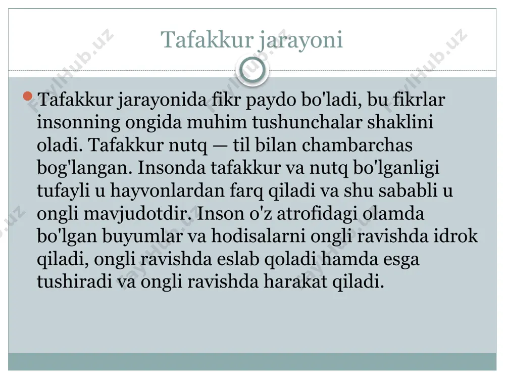 lanishlaming vujudga kelishi tafakkurning spetsifik nerv-fiziologik mexanizmlaridir. taqqoslash taqqoslash — shunday bir aqliy operatsiyadirki, bu operatsiya ayrim narsalar o'rtasida o'xshashlikni yoki tafovutni, tenglik yoki tengsizlik borligini, bir xillik yoki qarama-qarshilik borligini aniqlashda ifodalanadi. abstraksiya abstraksiya — shunday bir fikrlash jarayonidirki, bunda tafakkurda aks etilayotgan bir yoki bir necha obyektlarning biror belgisi (xususiyati, harakati, holati, munosabati) shu obyekt yoki obyektlardan fikran ajratib olinadi. bu jarayonda obyektdan ajratilgan bir belgining o'zi tafakkurning mustaqil obyekti bo'lib qoladi. abstraksiya, odatda, analiz jarayonida yoki analiz natijasida sodir bo'ladi. umumiylashtirish umumiylashtirish — tafakkurda aks etgan bir turkum narsalarning o'xshash, muhim belgilarini shu narsalar to'g'risidagi bitta tushuncha qilib, fikrda birlashtirish demakdir. masalan, olmalarda, noklarda, o'riklarda, j apelsinlarda va boshqa shu kabilarda bo'lgan o'xshash belgilar bitta tushunchada birlashadi, biz buni meva degan so'z bilan ifodalaymiz. daraxtlar, o'tlar, gullar va boshqa shu kabilar «o'simlik» degan tushunchada umumiylashtiriladi, o'simlik va hayvonlar «organizm» degan tushunchada umumiylashtiriladi, harf va raqamlar «belgi» degan …