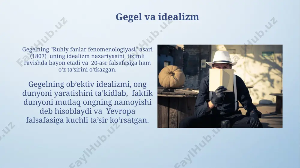 ning 391-yilda gippon shahrida tug'ilishi va keyinchalik uning rimdagi ta'siri bilan bog'liq ravishda, g'arb falsafasiga neo-platonizm va xristian ilohiyoti aralashgan yangi yo'nalishni yaratganligi. avgustinning "xudo davlati" (de civitate dei) traktati 426-427 yillar oralig'ida yozilgan bo'lib, unda yer ustidagi va samoviy shaharlar tushunchalari orqali insoniyat tarixini va siyosatini xristian nuqtai nazaridan tahlil qilgan. aristotel va empirizm aristotel, miloddan avvalgi 4-asrda afinada yashab, empirik ma’lumotlarni tizimlashtirish va umumlashtirish orqali, to‘rt sabab (material, formal, harakatlantiruvchi va maqsadli) nazariyasini ishlab chiqdi. aristotelning empirizmga bo‘lgan yondashuvi, uning 300 dan ortiq asarlarida, shu jumladan “organon”da, kuzatish va tajribaga asoslangan bilimlarni ta’kidlashi orqali namoyon bo‘ladi. e'tiboringiz uchun rahmat @taqdimot_robot image4.png image5.jpg image6.jpg image7.jpg image8.jpg image9.jpg image10.jpg image11.jpg image12.jpg image13.jpg image14.jpg image15.jpg image16.jpg image17.jpg image18.jpg image19.jpg image20.jpg image21.jpg image3.jpeg