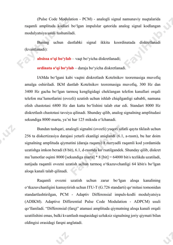 entsial kodlashda b modulyatsiya tezligi son jihatdan kanalning oʻtkazuvchanligi bilan bir xil boʻladi: b [bod]= c [bit/s]. masalan, tarmoqning oʻtkazish tezligi 10 mbit/s boʻlgan aloqa kanali uchun bit oraligʻining davomiyligi 100 ns, modulyatsiya darajasi esa 10 mbod qiymatga ega boʻladi. ikkilik ma’lumotlarni uzatish uchun quyidagi manipulyatsiya usullaridan foydalanish mumkin: amplitudali manipulyatsiya (amplitude shift keying, ask): “1” va “0” ni ifodalash uchun yuqori chastotali tashuvchi amplitudaning turli darajalari ishlatiladi (7.1, b-rasm); past chastotali shovqin xalaqitlari tufayli bu usul odatda boshqa usullar bilan birgalikda qoʻllaniladi, masalan, fazali manipulyatsiya; chastotali manipulyatsiya (frequency shift keying, fsk): “0” va “1” qiymatlari turli xil chastotali sinusoidlar tomonidan uzatiladi (7.1, d-rasm); ushbu usulni amalga oshirish oddiy va odatda past tezlikli modemlarda qoʻllaniladi; fazali manipulyatsiya (phase shift keying, psk): “0” va “1” qiymatlari bir xil chastotali va bir xil amplituda sinusoidlarga mos keladi, lekin boshqa fazaga ega, masalan 0 va 180 daraja (7.1-rasm, d). 7.1.-rasm. diskret ma’lumotlarni modulyatsiyalash …