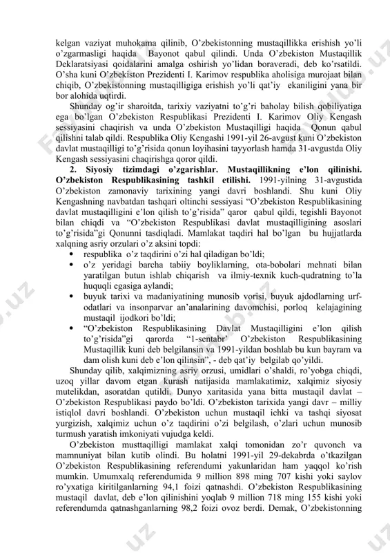 stonning davlat ramzlari to’g’risida” maxsus qaror qabul qildi. o’zbekistonning suvereniteti uchun kurash, avvalo, respublikada qabul qilingan har bir qonunning mazmuni va mohiyati jihatidan sobiq ittifoq qonunlaridan tubdan farq qilinishida, bundan tashqari, har bir qonun avvalgidek ittifoq qonuniga moslashtirib emas, balki respublika manfaatini ifoda etishi bilan ajralib tura boshladi. jumladan, 1991-yil 22-iyulida o’zbekiston oliy kengashi prezidiumining “o’zbekiston hududida joylashgan ittifoqqa buysunuvchi davlat korxonalari, muassasalari va tashkilotlarni o’zbekistonning huquqiy tobeligiga o’tkazish” to’g’risidagi qarori, o’zbekistonning milliy suvurenititeti uchun tashlangan qadamlar dalilidir. 80-yillarning ikkinchi yarmiga kelib sobiq sssr ning ijtimoiy-siyosiy holatida inqirozli holat tobora kuchaydi. bu holat ayniqsa, ko’pchilik respublikalarning ittifoq tarkibidan chiqish, o’z-o’zini belgilash, huquqini berish, markazning siyosiy-iqtisodiy, harbiy va tashqi siyosiy sohalardagi rolini qayta ko’rib chiqish kabi talablarning haqli ravishda qo’yilishida aksini topdi. lekin, markaziy rahbariyat xalqlar va ittifoqchi respublikalar siyosiy rahbariyatining chinakam mustaqillikka intilishi bilan hisoblashmadi. bu munosabatni markazning boltiqbo’yi respublikalarining ittifoq tarkibidan chiqib ketishi, o’zbekistonda, keyinchalik esa boshqa respublikalarda ham …