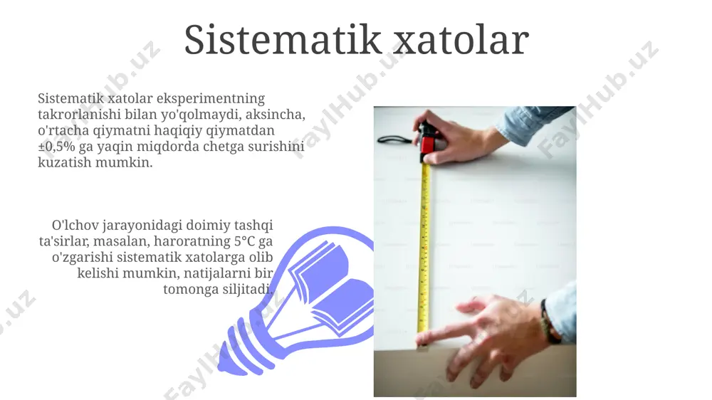 imolini ko'rsatadi. ishonch oralig'ining kengligi namunaviy hajmi bilan teskari proportsionaldir: namunaviy hajm kattalashganda, masalan, 100 dan 1000 ga oshganda, ishonch oralig'i torayadi. o'lchov xatolarining turlari gross-xatolar yoki qo'pol xatolar, odatda, o'lchov jarayonida yuz bergan jiddiy xatolar bo'lib, natijalarni 10% dan ortiq farq qilishi mumkin, bunday xatolarni aniqlash va bartaraf etish uchun vizual tekshiruv va takroriy o'lchovlar qo'llaniladi. tasodifiy xatolar o'lchov vositalarining noaniqligi, kuzatuvchi xatosi yoki tashqi omillar ta'sirida yuzaga keladi va ularning tarqalishi normal taqsimotga ega bo'ladi, standart og'ish 0.5 dan kam bo'lishi maqsadga muvofiqdir. o'rtacha kvadrat xato 01 02 rmse qiymati 10 bo'lsa, bu o'rtacha bashorat xatosi 10 birlik ekanligini anglatadi, bu katta xatolikni ko'rsatadi va modelni takomillashtirish kerakligini bildiradi. sales 1st qtr 2nd qtr 100 0 sales 1st qtr 2nd qtr 100 0 sistematik xatolar manbalari tajriba o'tkazish usuli yoki protseduralardagi kamchiliklar, xususan, 5 marta takrorlash o'rniga 3 marta takrorlanganda o'rtacha qiymatdan og'ish bilan bog'liq sistematik xatolar paydo …