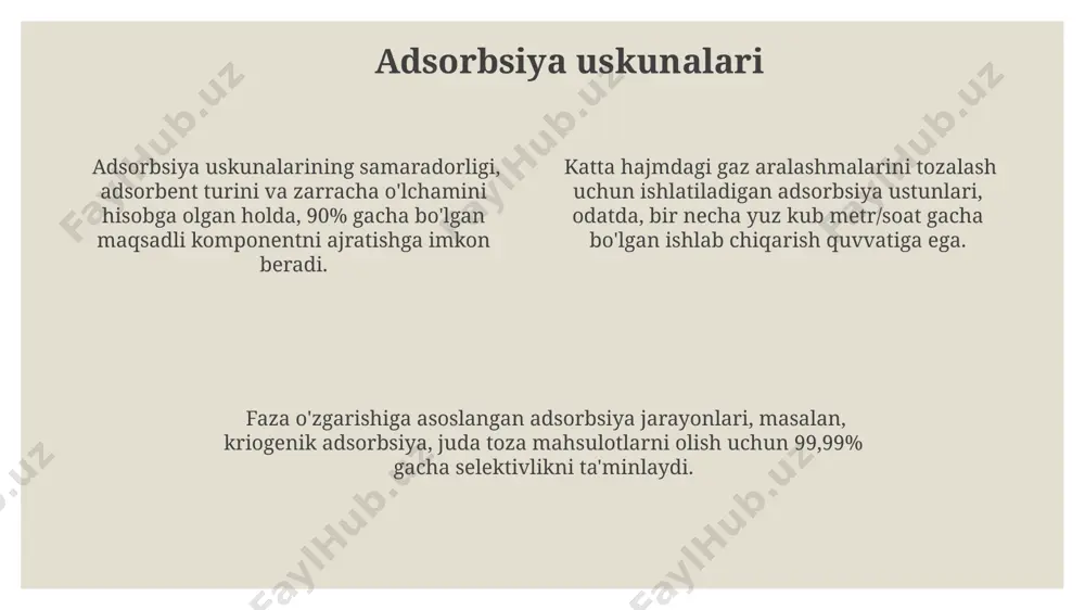 va diametri, shuningdek to'ldirgich turi ekstraksiya jarayonining kinetikasi va samaradorligiga sezilarli ta'sir ko'rsatadi, optimal parametrlarni aniqlash muhim. ekstraksiya uskunalarining samaradorligi, ko'pincha, suyuqliklarning o'zaro ta'sir yuzasi va kontakt vaqtiga bog'liq bo'lib, 90% dan yuqori chiqish ko'rsatkichiga erishish mumkin. solvent ekstraksiyasi jarayonida 2-3 bosqichli ekstraktorlardan foydalanish, maqsadli komponentning ajratilish darajasini sezilarli darajada oshiradi va chiqindilar miqdorini kamaytiradi. flottatsiya uskunalari flotatsiya uskunalarida mineral zarrachalarning 90% dan ortig'i 0,1 mm dan kichik bo'lsa, ularning samarali ajratilishi uchun maxsus reaktivlar va koagulyantlardan foydalaniladi. flotatsiya jarayonining samaradorligi havo pufakchalari o'lchami va ularning mineral zarrachalar bilan yopishish tezligiga bog'liq bo'lib, optimal sharoitda 85-95% gacha bo'lishi mumkin. turli xil flotasiya uskunalari, masalan, mexanik va pnevmatik tizimlar, ishlab chiqarish hajmi va mineral xususiyatlariga qarab tanlanadi, ularning unumdorligi soatiga 10 dan 1000 tonnagacha o'zgarib turadi. dekantaция uskunalari dekantatsiya jarayonining samaradorligi suyuqlikning yopishqoqligi, zarrachalar oʻlchami va zichlik farqi kabi omillarga bogʻliq boʻlib, optimum sharoitlarda 95% gacha tozalash darajasiga erishish mumkin. sedimentatsiya …