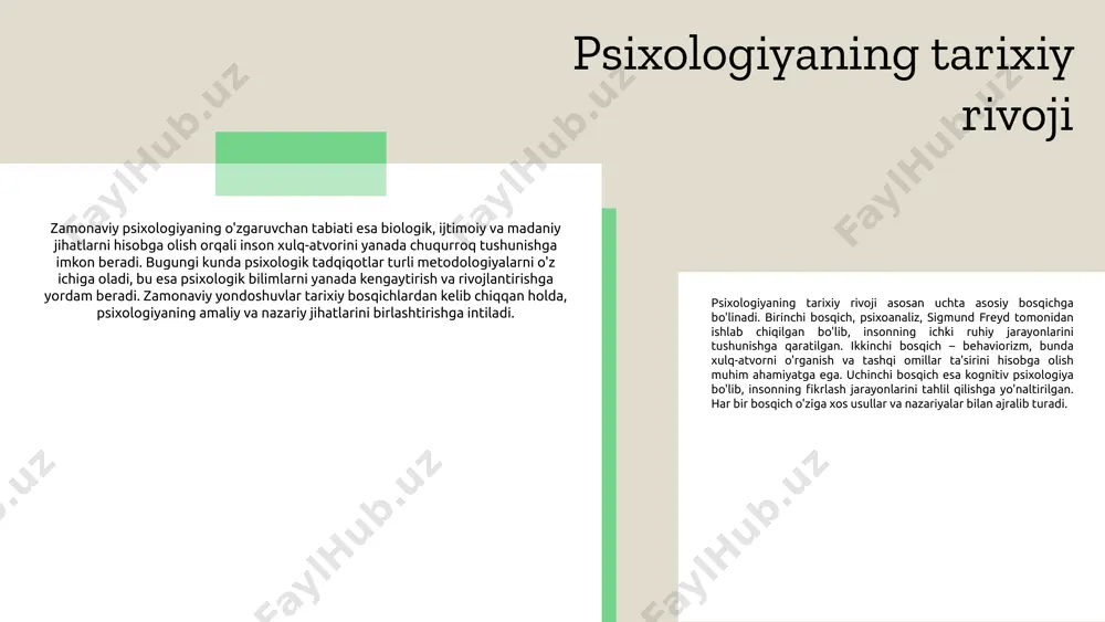 oints: - yangi metodlar tadqiqot jarayonini tezlashtiradi. - innovatsion yondashuvlar natijalarni aniqlik bilan ta'minlaydi. - psixologiyada yangi asboblar va dasturlar yaratilmoqda. subtitle: yangi metodlarning ahamiyati paragraph: yangi tadqiqot metodlari psixologiyaning rivojlanishiga katta hissa qo'shadi. ular yangi bilimlarni ochish va muammolarni hal qilishda yordam beradi. subtitle: o'zgaruvchan zamonda psixologiya metodologiyasi paragraph: o'zgaruvchan sharoitda psixologiya metodologiyasi yangilanmoqda. innovatsion yondashuvlar zamonaviy muammolarni hal qilishda muhim rol o'ynaydi. psixologiyaning amaliy qo'llanilishi psixologiyaning turli sohalarda qo'llanilishi. psixologiya turli sohalarda, jumladan, biznes, sport, ta'lim va sog'liqni saqlashda qo'llaniladi. har bir sohada psixologik bilimlar insonlarning qaror qabul qilish jarayonini, motivatsiyasini va samarasini oshirishga yordam beradi. psixologik maslahat va terapevtik yondashuvlar insonlarning ruhiy holatini yaxshilashda muhim ahamiyatga ega. terapevtlar va maslahatchilar muammolarni hal qilishda, stressni boshqarishda va hissiy muammolarni yengishda yordam berishadi. ta'lim sohasida psixologiya o'quv jarayonini tushunishda, o'quvchilarni qo'llab-quvvatlashda va ularning rivojlanishiga yordam berishda muhim rol o'ynaydi. psixologik bilimlar o'qituvchilarga o'quvchilar bilan samarali ishlashda yordam beradi. sog'liqni …