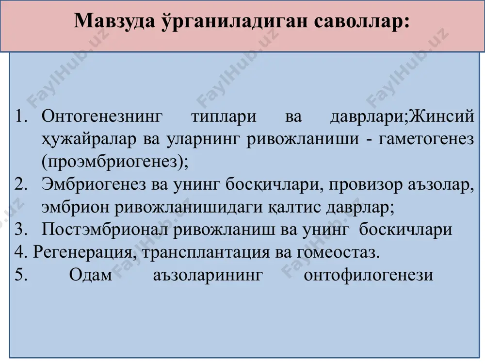 танлабтарқалишиюзагакелади,тухумҳужайравегетативваанималқутбларгаэгабўлади. генларамплификацияси—днкнингмиқдоржиҳатданошиши, р-рнкваи-рнкнингтухумҳужайрадасинтезивазахираланиши р рнкгенларинусхасинингсонжиҳатиданошиши,геномнингалоҳидақисмларидагитанлабкўпайиш; гаметогенез-жинсийҳужайраларнингҳосилбўлиши гаметагенез гаметагенез – сперматазоид ва тухум ҳужайраларнинг ривожланиши бўлиб , сперматогенез ва овогенездан иборат. сперматогенез- сперматазоидларнинг ривожланиши бўлиб уруғдоннинг эгри каналчаларида кечади. бу каналчаларнинг девори бириктирувчи тўқима асосидан ва фоллекулар(сертоли)ҳужайралари қатламидан иборат. фоллекуляр ботиқча ҳосил қилиб , унда сперматагенезнинг ҳар хил босқичидаги жинсий ҳужайралар қат –қат бўлиб жойлашган. сперматогенез – кўпайиш, ўсиш, етилиш ва шаклланиш босқичларидан иборат. , кўпайиш даври организмнинг эмбронал ривожланишидан бошланиб уруғдон эгри-бугри каналчаларининг энг ташқи зонасида жойлашган ҳужайралар – сперматагонийларнинг мунтазам равишда митоз йўли билан кўпайиши рўй беради. а сперматагонийлар доимо митоз жараёни ҳисобига кўпайиб, шу ҳужайралар миқдорининг камаймаслигини таминлайди , шу ҳисобига а сперматагонийлар ўзак ҳужайра ҳисобланади. шу ҳужайраларнинг кўп марта бўлиниши билан б спермагонийлар ҳосил бўлади . сперматогенез spermatozoidlar va ularning rivojlanishi - spermatogenez . овогенез аёллар жинсий ҳужайрасининг ривожланииши бўлиб, тухумдонда кечади. овогенезнинг кўпайиш, ўсиш, етилиш босқичлари мавжуд. жинсий ҳужайралар дастлаб тухумдоннинг юза қатламини эгаллаб герминатив ҳужайралар …