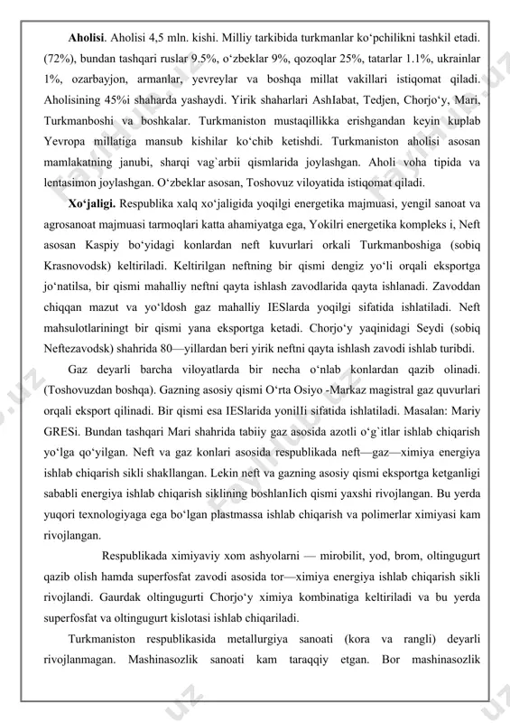 ligi, mariy mashinasozlik zavodi) hamda oziq—ovqat sanoati uchun mashina va dastgohlar ishlab chiqariladi. bundan tashqari elektrotexnika mashinasozligi (ashіabad) hamda maishiy xizmat ko‘rsatish mashinasozligi (gaz plitalari ishlab chiqarish), metalni qayta ishlash, hamda qishloq xo‘jalik texnikalariga xizmat ko‘rsatish korxonalari ishlab turibdi. to‘qimachilik sanoati deyarli barcha viloyatlarda yaxshi rivojlangan (turkmanboshidan tashqari). turkmaniston respublikasi paxta yetishtirish bo‘yicha markaziy osiyoda o‘zbekistondan keyin ikkinchi o‘rinda turadi. respublikada 1 mln. tonna paxta hosili olinadi. paxta tolasining bir qismi respublikada qayta ishlanadi, qolgani xorijiy mamlakatlarga eksport qilinadi. chorjo‘ydan janubda asosan ingichka tolali paxta ekiladi. shuningdek, respublikada ipak qurti boqish yaxshi yo‘lga qo‘yilgan. bundan tashqari tabiiy jun asosida to‘qimachilik na tikuvchilik korxonalari ishlab turibdi. turkmaniston respublikasi to‘qimachilik sanoatida gilam to‘qish yaxshi rivojlangan. turkman gilamlari jahon bozorida katta obro‘ga egadir. to‘qimachilik va gilam to‘kish markazlari ashіabad, mari, chorjo‘y, nebitdor hisoblanadi. oziq—ovqat sanoati mahalliy xom ashyo asosida ishlaydi va paxta moyi hamda turli (go‘sht, baliq, sabzavot) konservalar ishlab chiqariladi. kopetdoі etaklaridagi …