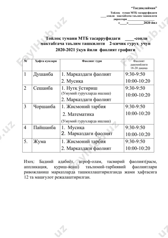 ___-сонли мактабгача таълим ташкилоти ўрта гуруҳ учун 2020-2021 ўқув йили фаолият графиги № хафта кунлари фаолият тури фаолият давомийлиги 20 дақиқа 1 душанба 1.нутқ ўстириш (умумий гурухларда ишлаш) 2.мусиқа 9:30-9:50 10:00-10:20 2 сешанба 1.математика (умумий гуруҳларда ишлаш) 2. марказдаги фаолият 9:30-9:50 10:00-10:20 3 чоршанба 1. жисмоний тарбия 2. марказдаги фаолият 9:30-9:50 10:00-10:20 4 пайшанба 1. нутқ ўстириш (умумий гурухларда ишлаш) 2.мусиқа 9:30-9:50 10:00-10:20 5. жума 1. марказдаги фаолият 2. жисмоний тарбия 9:30-9:50 10:00-10:20 изоҳ: бадиий адабиёт, атроф-олам, тасвирий фаолият(расм, аппликация, қуриш-ясаш) таълимий-тарбиявий фаолиятлари ривожланиш марказларда ташкиллаштирилганда жами ҳафтасига 14 та машғулот режалаштирилган. “тасдиқлайман” тойлоқ туман мтб тасарруфидаги ____-сонли мактабгача таълим ташкилоти директори ___________________ «____»_________2020 йил тойлоқ тумани мтб тасарруфидаги ____-сонли мактабгача таълим ташкилоти катта гуруҳ учун 2020-2021 ўқув йили фаолият графиги № хафта кунлари фаолият тури фаолият давомийлиги 25 дақиқа 1 душанба 1.марказларда фаолият. 2. иккинчи тил (умумий гурухларда ишлаш) 9:30-9:55 10:00-10:25 2 сешанба 1.математика(умумий гурухларда ишлаш) 2.марказдаги фаолият. 3.иккинчи …