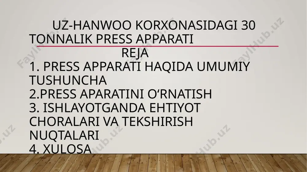 va ohak bilan mustahkamlash. (agar holatda 2-3 kundan keyin tez qattiqlashtiruvchi vosita taxminan bir hafta davomida ishlatiladi). asosiy plitani qo’yish va taglik plitasiga mashinani o’rnatish, poydevor murvatlarini joylashtirish va darajani nazorat qilish uchun yetarli darajada tortish kerak. 30 tonnalik press aparati 3) tekislash mashina darajasi mashinaning aniqligi va ishlash muddatiga bevosita ta’sir qiladi. aniq tekislashni amalga oshirish kerak. mashinani o’rnatgandan so’ng, ustundagi yog’ va changni olib tashlash kerak aniq darajani qo’yish (1m uchun 0,02-0,5 mm), uni har tomondan harakatga keltirish va darajani 0,5 mm va undan pastroq qilib qo’yish kerak. darajani tekshirgandan so’ng, poydevor murvatlarini to’liq tortish va mashinani ishga tushirish mumkin bo`ladi. 4) yog ‘ idishi mashina ishlagandan so’ng ishlashdan oldin moy bilan yog’lanishi kerak. birinchidan, moylashdan oldin idishning ichki qismini tozalash kerak. tozalashda, ortiqcha narsalar yo’qligini tekshirgandan so’ng, moy bilan moylash kerak agar iloji bo’lsa, chang bak atrofida ko’tarilmasligi kerak. bak atrofini har doim tozalash kerak. bakdagi aralashmalar …