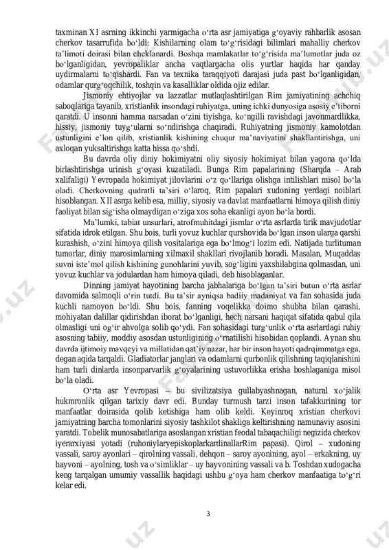 , “xristianlar dunyosi” “rim dunyosi”ning tanazzuli oqibatida emas, balki rim va varvarlar dunyolarining o‘zaro muvofiqlashuvi, birikishi natijasida yuzaga keldi. ammo u haqiqatan ham yemirilish, zo‘ravonlik va shafqatsizlik, antik dunyo madaniyati va sivilizatsiyasining ko‘plab yutuqlaridan bebahra qolish kabi jiddiy to‘siqlarni boshdan kechirdi. ko‘plab antik davr shaharlari katta talafot ko‘rdi: ayrimlari buzib tashlandi, boshqalari (savdo yo‘llari o‘z yo‘nalishini o‘zgartirishi munosabati bilan) tanazzulga yuz tutdi. shunga qaramasdan, ilk o‘rta asrlardayoq ayrim sohalarda ijobiy o‘zgarishlar yuz bera boshladi. qullikning bekor qilinishi ijtimoiy taraqqiyotda tub o‘zgarishlar yasadi. antik davrda asosiy energiya manbayi, bu qullarning jismoniy kuchi bo‘lib, ushbu manba yo‘qolgach, boshqa imkoniyatlar qidirila boshlandi. agar antik davrda nazariy bilimlar muvaffaqiyatli rivojlangan bo‘lsa, o‘rta asrlar davri mashina va texnika vositalaridan keng foydalanish uchun keng, ravon yo‘llar ochdi. bu qullikning bekor qilinishining bevosita natijasidir. antik davr ruhan va jismonan o‘zaro muvozanatda bo‘lgan inson timsolni ko‘rsatishga intildi. ammo ayniqsa rim madaniyatida bu g‘oyani amalga oshirishda ko‘proq jismoniy kamolotni …