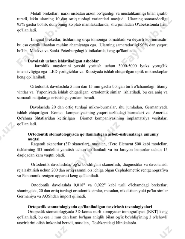 tishlarning orqa tomoniga o'rnatiladi va deyarli ko'rinmasdir, bu esa estetik jihatdan muhim ahamiyatga ega. ularning samaradorligi 90% dan yuqori bo'lib, moskva va sankt-peterburgdagi klinikalarda keng qo'llaniladi. davolash uchun ishlatiladigan asboblar jarrohlik maydonini yaxshi yoritish uchun 3000-5000 lyuks yorug'lik intensivligiga ega led yoritgichlar va rossiyada ishlab chiqarilgan optik mikroskoplar keng qo'llaniladi. ortodontik davolashda 5 mm dan 15 mm gacha bo'lgan turli o'lchamdagi titaniy vintlar va yaponiyada ishlab chiqarilgan ortodontik simlar ishlatiladi, bu esa aniq va samarali natijalarga erishishga yordam beradi. davolashda 20 dan ortiq turdagi mikro-burmalar, shu jumladan, germaniyada ishlab chiqarilgan komet kompaniyasining yuqori tezlikdagi burmalari va amerika qo'shma shtatlaridan keltirilgan biomet kompaniyasining implantatsiya vositalari qo'llaniladi. ortodontik stomatologiyada qo'llaniladigan asbob-uskunalarga umumiy nuqtai raqamli skanerlar (3d skanerlar), masalan, itero element 500 kabi modellar, tishlarning 3d modelini yaratish uchun qo'llaniladi va bu jarayon bemorlar uchun 15 daqiqadan kam vaqtni oladi. ortodontik davolashda, og'iz bo'shlig'ini skanerlash, diagnostika va davolanish rejalashtirish uchun 200 dan ortiq …