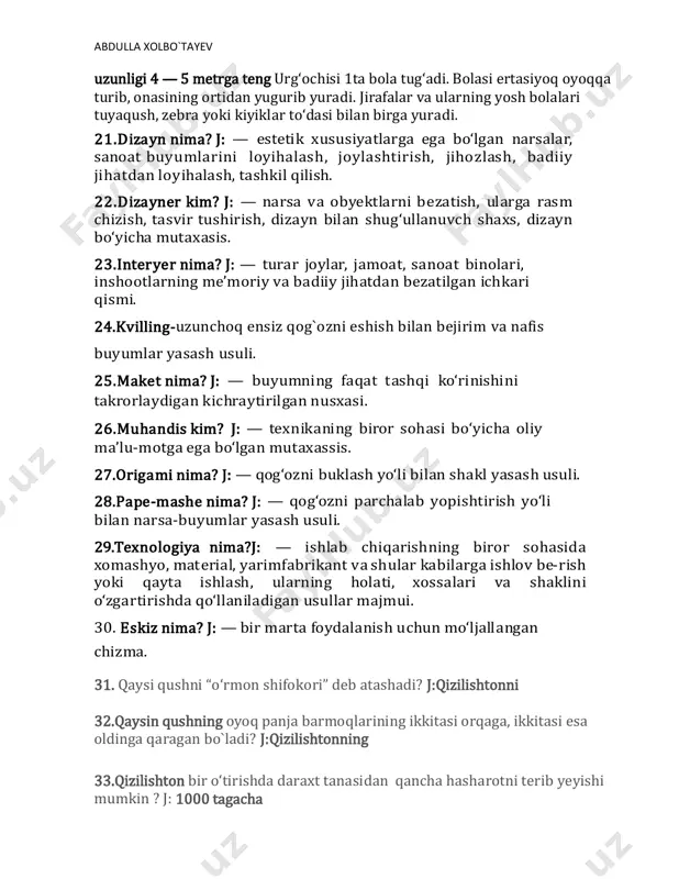 baliq kabilar bilan oziqlanadi. asalni xush ko‘radi. daraxt kovaklaridagi asalari inidan asalni topib yeydi. ayrim paytlarda bug‘u va kiyik kabi yirik o‘txo‘r hayvonlarni tutib oziqlanadi 18. bo‘ri tog‘, o‘rmon, adir va cho‘llarda hayot kechiradi. bo‘ri kechalari ovga chiqib,uchragan turli o‘txo‘r hayvonlarni ovlaydi. bo‘rilar to‘da bo‘lib o‘ljasiga hujum qiladi. to‘dada 20 tagacha bo‘ri bo‘lib, ulardan eng kuchlisi to‘daga boshchilik qiladi bo‘ri 4 tadan 13 tagacha bolalaydi. bolalari 35—45 kun onasini emadi. ovqatni erkagi keltirib beradi. 2 yoshga yetgan bo‘ri bolalari to‘dalarga qo‘shilib, mustaqil hayot kechiradi 19. fil — yer yuzi quruqligidagi eng katta hayvon bo‘lib, o‘g‘irligi 6 tonnaga, balandligi esa 4 metrga yetadi. uning burni — xartumi hid bilish a’zosi bo‘libgina qolmay, ovqatlanish, karnay kabi ovoz chiqarish, yuk ko‘tarish vazifalarini ham bajaradi fil 1ta yoki 2ta bolalaydi. bolasi 2 yilgacha ona suti bilan oziqlanadi. urg‘ochi fillar va filchalar to‘dada yashasa, erkak fillar yakka holda hayot kechiradi 20. jirafa yer yuzidagi eng …