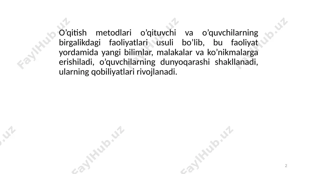 ning topshiriqlari bo’yicha takrorlashdan iborat. bu metod yordamida o’quvchlarda malaka va ko’nikmalar tarkib topadi. 3) bilimlarni muammoli bayon qilish. bunday bayon qilishda o’qituvchi u yoki bu qoidani aytibgina qolmay balki “ovoz chiqarib mulohaza yuritib” muammo qo’yadi va uni hal qilish jarayonini ko’rsatadi. o’qituvchining bunday tushuntirishi ancha ishonchliroq bo’ladi, bolalarni fikrlashga o’rgatadi, bilish xarakteridagi izlanishlarni olib borishga o’rgatadi. 4) qisman izlanish yoki evristik metod. bu holda o’qituvchi o’quvchilar oldiga muammo qo’yadi, o’zi esa o’quv materialini bayon qiladi, ammo bu bayon davomida o’quvchilar oldiga savollar qo’ya boradi, bu qo’yilgan savollar ulardan izlash jarayoniga qo’shilishni va bilish xarakterdagi biror masalani yechishni talab qiladi. 5) o’qitishning tadqiqot metodi. bu metod bilan ishlashda o’quvchilar qo’yilgan muammoni tushunib olganlaridan keyin o’zlari ishlash rejasini belgilashadi, faraz (gipoteza) tuzishadi, tekshirish usulini o’ylab ko’rishadi, kuzatishlar olib borishadi, tajribalar o’tkazishadi. 7 o’quv-bilish faoliyatini rag’bat-lantirish metodlari. bu metodlar jumlasiga bilish xarakteridagi o’yinlar, o’qishda muvaffaqiyatli vaziyatlar yaratish, mukofotlash metodi va boshqa metodlarni …