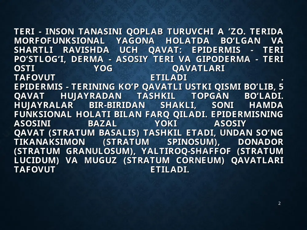 imon qavat (stratum reticulare). gipoderma yoki teri osti yog4 qavati. bu qavat bir-biriga chuvalashib ketgan biriktiruvchi to‘qimalar to‘plamlaridan iborat. bu to‘plamlar orasida turli miqdordagi sharsimon yog hujayralari saqlanadi. gipodermada qon tomirlari, nerv tolalari, nerv oxirlari, ter bezlari, soch follikulalari joylashadi. * * terining asosiy funksiyalari himoya funksiyasi. terining himoya xususiyati turli mexanik, nur, mikroorganizmlar ta’siridan terini va butun organizmni himoya qiladi. nafas olish-chiqarish va rezorbsion funksiyasi. terining rezorbsion xususiyati yog'-soch follikulalari funksional faolligiga, suv-yog' mantiyasi holatiga, muguz qavatining pishiqligiga bog'liq. termoregulyator funksiyasi. tana harorati doimiyligini ta ’minlash, adaptatsion mexanizmlari turli-tumandir. terining sekretor funksiyasi. bu funksiya keratinotsitlarning sekretor faoliyati, immunoregulyator hujayralar hamda ter-yog‘ bezlari faoliyati hisobiga amalga oshadi. terining ekskretor funksiyasi sekretor funksiyasi bilan birga kuzatiladi. almashinuv funksiyasi. terining depolash xususiyati moddalar almashinuvida katta ahamiyatga ega. retseptor funksiyasi. teri nafaqat organizmni turli ta’sirlardan himoya qiladi, balki multifaktor-analizator bo'lib, katta retseptor maydoni ham hisoblanadi. * * morfologik elementlar * birlamchi morfologik elementlar …