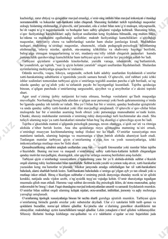 ajakda respublikamiz hayotiga o‘zlarining shaxsiy ishtirokchiligini chuqur sezadilar va shunga yarasha bilim, ko‘nikmalarni egallashga harakat qiladilar. ijobiy shaxsiy namuna tarbiya metodi sifatida. shaxsning rivojlanishida turli ta’sirlar, o‘quv jarayoni va boshqa vositalardan tashqarii tarbiyaning shaxsiy namunasi katta ahamiyatga ega. bolalar balog‘at yoshiga yetib, mustaqil hayotni boshlagunlariga qadar ko‘pchilik sharoitlarda bilish, o‘rganish jarayonida asosan o‘quvchiga ota-ona, qo‘ni-qo‘shniga, doston, drama qahramonlariga taqlid qilishadi. mashq tarbiya metodi sifatida-yaxshi, ijobiy odatlarga o‘rgatishda axloqiy ko‘nikmalarni hosil qilishda mashq metodining ahamiyati katta. bunda o‘quvchi ma’lum bir faoliyat bo‘yicha biron-bir vaziyatda ayrim harakatlarni takroran bajaradi. mashq harakatlarini takrorlash bo‘lib, axloqiy ko‘nikma, malaka va odat hosil qilish maqsadida o‘quvchilarning maxsus uyushtirgan faoliyatida. rag‘batlantirish va jazolash tarbiya metodi sifatida. intizomlilikni shakllantirishning klassik metodlaridan biri rag‘batlantirish va jazolash metodi hisoblanadi. tarbiyadagi rag‘batlantish va jazolash metodi o‘quvchilardagi ijobiy hislatlarini rivojlantirishdagi ularning ijobiy fazilatlarini takomillashtirishda vosita bo‘lmog‘i lozim. rag‘batlantirishning yozma, og‘zaki yoki imo-ishoraviy shakllari qo‘llaniladi. imo-ishoralar bilan boshni qimirlatib, tabassum va yuz-qo‘l harakatlari …