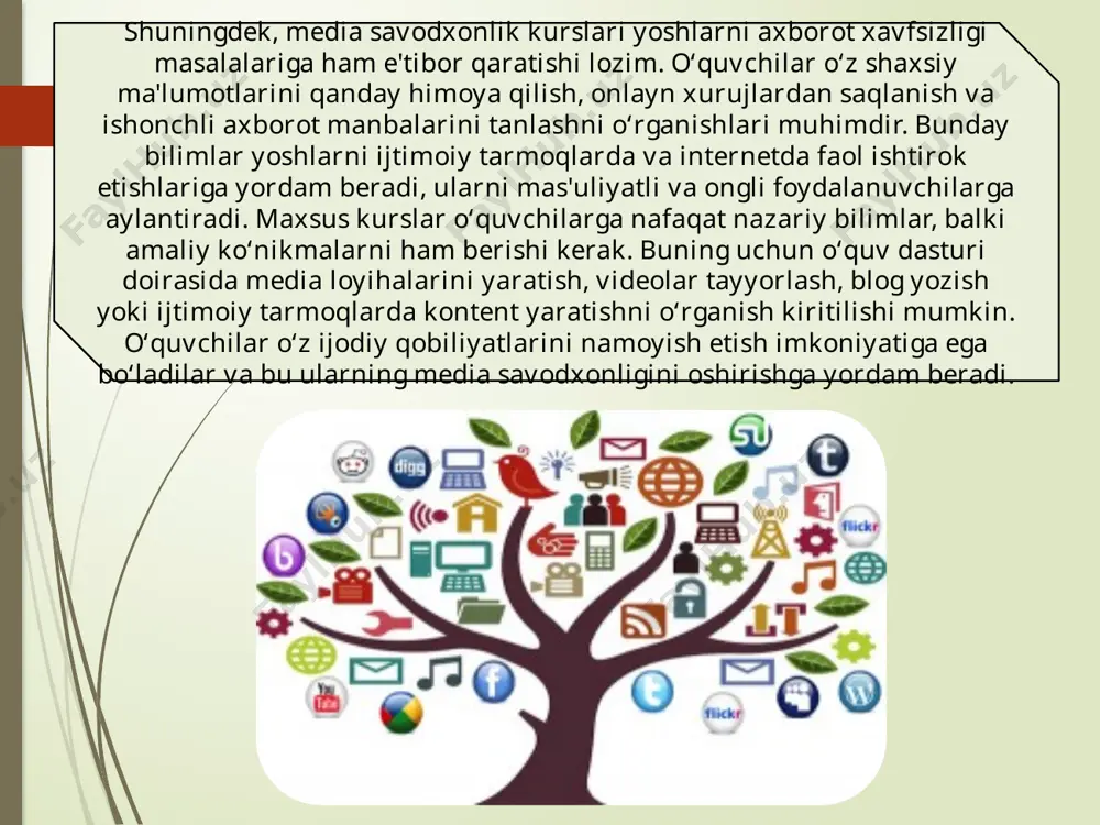 ularni tahlil qilishni o‘rganishlari uchun qulay interfeyslar va interaktiv mashg‘ulotlardan foydalanishlari mumkin. bunday ilovalar yoshlarni axborot bilan ishlashda mustaqil va tanqidiy fikrlashga o‘rgatadi. texnologik vositalar yordamida media savodxonlikni rivojlantirishda hamkorlik va jamoalashish ham muhimdir. onlayn forumlar va guruhlar orqali o‘quvchilar bir-birlari bilan tajriba almashish, fikrlarni muhokama qilish va birgalikda o‘rganish imkoniyatiga ega bo‘ladilar. bu jarayon, shuningdek, o‘zaro yordam va ko‘makni ta'minlaydi, bu esa o‘quv jarayonini yanada samarali qiladi. umuman olganda, texnologik vositalar media savodxonlikni rivojlantirishda muhim yordamchi hisoblanadi. ular odamlarni axborot bilan ishlash ko‘nikmalarini oshirish, tanqidiy fikrlashga o‘rgatish va axborot xavfsizligini ta'minlashda yordam beradi. odamlar zamonaviy texnologiyalar yordamida axborotning sifatini baholash, o‘z fikrlarini shakllantirish va ongli ravishda axborotdan foydalanishga o‘rganadilar. bu esa, o‘z navbatida, jamiyatda mas'uliyatli va bilimdon fuqaro tayyorlashga xizmat qiladi. foydalanilgan adabiyotlar abdullayeva, n. (2021). media savodxonlik: nazariy va amaliy jihatlar. tashkent: o‘zbekiston respublikasi oliy va o‘rta maxsus ta'lim vazirligi. tursunov, i. (2022). axborot xavfsizligi va media savodxonlik. …