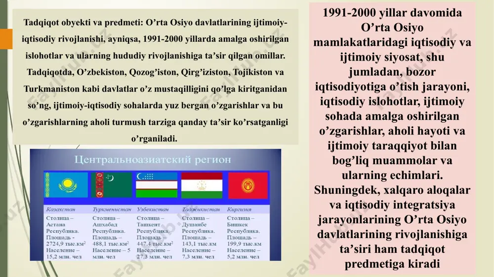 ida e’tibor qaratiladi. tadqiqot natijalarining nazariy va amaliy ahamiyati: ushbu magistrlik ishi mavzusi bo‘yicha qilinadigan keyingi tadqiqotlar uchun ma’lumotlar bazasi sifatida foydalanish mumkin. dissertatsiya mavzusi materiallaridan umumta’lim maktablari, akademik litsey va kasb hunar kollejlarda tashkil etilgan to‘garaklarda, fakultativ darslarda oliy o‘quv yurtlarida “jahon tarixi” fanidan seminar to‘garak va qo‘shimcha mashg‘ulotlar o‘tkazishda yordamchi material sifatida foydalanish mumkin. ishning tuzilmasining tavsifi: ushbu dissertatsiya kirish, 3ta bob, 6ta paragraf, xulosa va foydalanilgan adabiyotlar va manbalar ro‘yhatidan iborat. ikkinchi bob “o‘rta osiyo davlatlarining 1991 – 2000 yillarda iqtisodiy rivojlanishi” deb atalib, unda dissertant mintaqaning mustaqillikka erishganidan keyingi iqtisodiy o‘zgarishlarni o‘rganishga bag‘ishlangan. ushbu davrda o‘rta osiyo davlatlari yangi iqtisodiy tizimlarni shakllantirishga harakat qildilar va ularning rivojlanish yo‘llari, iqtisodiy salohiyati, shuningdek, integratsiya jarayonlari tahlil qilinadi. tadqiqotning so‘ngi bobi “o‘rta osiyo davlatlaridagi 1991-2000 yillarda ijtimoiy tizimdagi o‘zgarishlar” deb ataladi. ushbu bobda tadqiqotchi mintaqaning mustaqillikka erishganidan keyingi davrdagi ijtimoiy transformatsiyalarni o‘rganishga qaratilgan. ushbu davrda o‘rta osiyo davlatlarida ijtimoiy …