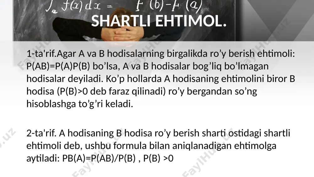 rat qismining o’rtacha 1/3 bo’lagi statistik kuzatishlarda noto’g’ri ko’rsatiladi. uzatilayotgan signallar ichida 5:3 nisbatda «nuqta» va «tirе» signallari uchraydi. uzatilayotgan signallar qabul qilinganligi ma'lum. uning a) «nuqta» signali qabul qilingan. b) «tirе» signali qabul qilinganligining ehtimoli topilsin. this presentation uses a free template provided by fppt.com www.free-power-point-templates.com yechim a-«nuqta» signali qabul qilinganlik hodisasi. b- «tirе» signali qabul qilingalik hodisasi bo’lsin. h1-uzatilgan signal «nuqta» va h2-uzatilgan signal «tirе»dan iborat ikkita gipotеza bo’lib, shartga ko’ra p(h1):p(h2)=5:3 va p(h1)+p(h2)=1. bulardan p(h1)=5/8; p(h2)=3/8 masalaning shartiga ko’ra : ph1(a)=3/5; ph1(b)=2/5; ph2(a)=1/3; ph2(b)=2/3; a va b hodisalarning ehtimollarini, to’la ehtimollik formulasiga ko’ra topamiz: p(a)=p(h1) ph1(a)+ p(h2)ph2(a)= p(b)=p(h1) ph1(b)+ p(h2)ph2(b)= izlanayotgan ehtimollar: a) pa(h1)=p(h1)ph1(a)/p(a)= b) pb(h2)=p(h2)ph2(b)/p(b)= 3 this presentation uses a free template provided by fppt.com www.free-power-point-templates.com bayes teoremasi bayes teoremasi - bu ehtimollik va statistikada shartli ehtimollikni hisoblashda ishlatiladigan matematik tenglama. boshqacha qilib aytganda, u boshqa voqea bilan bog'liqligi asosida hodisaning ehtimolligini hisoblash uchun ishlatiladi. teorema …