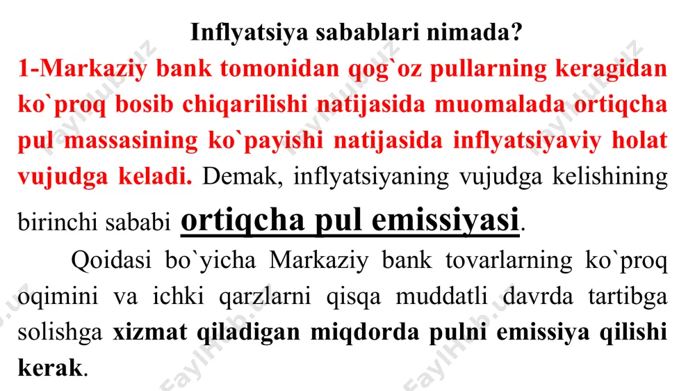 llari buziladi, bu esa narxlarning o'sishiga va umumiy inflyatsiyaga ta'sir qiladi. gaz ta'minoti va elektroenergiya tariflari : agar bir nechta yirik kompaniyalar bir hududda gaz va elektroenergiyani yetkazib berishda monopoliyani qo'lga olgan bo'lsa, ular narxlarni o'zlarining ixtiyoriga ko'ra belgilashlari mumkin. monopoliya tufayli raqobatning yo'qligi inflyatsiyaning oshishiga olib keladi, chunki kompaniyalar narxlarni oshirish orqali daromadni ko'paytirishga harakat qilishadi. 2.mobil aloqa kompaniyalari: ba'zi hududlarda mobil aloqa xizmatlarini faqat bir nechta kompaniya taqdim etadi. agar bu kompaniyalar o'zaro kelishib, narxlarni oshirsa, bu inflyatsiyani kuchaytiradi. masalan, mobil internet va suhbat narxlarining oshishi iste'molchilarni bevosita ta'sir qiladi, bu esa umumiy iqtisodiy narxlarning ko'tarilishiga sabab bo'lishi mumkin. monopoliya narxlarni nazorat qilish imkoniyatini qo'lga kiritgan kompaniyalar uchun foydali bo'lsa-da, bu iste'molchilarga zarar yetkazishi va iqtisodiy muammolarga olib kelishi mumkin. 4.jahonda ro`y berayotgan globalashish jarayoni ta‘sirida inflyatsiya tashqi omillar ta‘sirida ham vujudga kelishi mumkin, ya‘ni tashqaridan jahon savdosi kanallari orqali mamlakatga kirib kelishi mumkin. bunda u yoki bu …