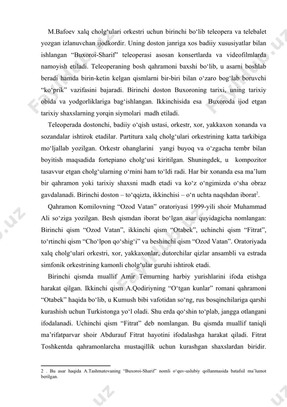 ad ali so‘ziga yozilgan. besh qismdan iborat bo‘lgan asar quyidagicha nomlangan: birinchi qism “ozod vatan”, ikkinchi qism “otabek”, uchinchi qism “fitrat”, to‘rtinchi qism “cho‘lpon qo‘shig‘i” va beshinchi qism “ozod vatan”. oratoriyada xalq cholg‘ulari orkestri, xor, yakkaxonlar, dutorchilar qizlar ansambli va estrada simfonik orkestrining kamonli cholg‘ular guruhi ishtirok etadi. birinchi qismda muallif amir temurning harbiy yurishlarini ifoda etishga harakat qilgan. ikkinchi qism a.qodiriyning “o‘tgan kunlar” romani qahramoni “otabek” haqida bo‘lib, u kumush bibi vafotidan so‘ng, rus bosqinchilariga qarshi kurashish uchun turkistonga yo‘l oladi. shu erda qo‘shin to‘plab, jangga otlangani ifodalanadi. uchinchi qism “fitrat” deb nomlangan. bu qismda muallif taniqli ma’rifatparvar shoir abdurauf fitrat hayotini ifodalashga harakat qiladi. fitrat toshkentda qahramonlarcha mustaqillik uchun kurashgan shaxslardan biridir. uning niyatlari amalga oshmaganligi tufayli alamli isyonda o‘tib ketadi. bu asarda muallif fitratning naqadar o‘z yurtiga, o‘z vataniga sadoqatli ekanligini, vatan deb jon berish unga yorug‘ yo‘l ekanligini ifodalaydi. to‘rtinchi qism – “cho‘lpon qo‘shig‘i”dir. cho‘lpon she’rlari …