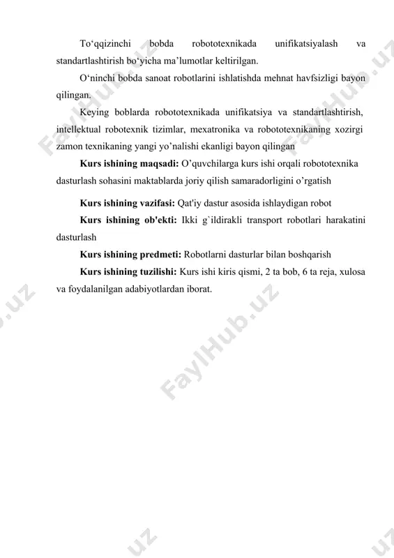 akatlanish darajasiga ega bo‘lgan manipulyator ko‘rinishidagi ijro qurilmasidan hamda qayta dasturlanuvchi dasturiy boshqaruv qurilmasidan tashkil topgan statsionar (qo‘zg‘almas) yoki ko‘chma avtomatik mashina. texnik adabiyotda bundan ham qisqaroq ta’rif uchraydi: canoat roboti (sr) - sanoatda ishlatishga mo‘ljallangan qayta dasturlanuvchi avtomatik manipulyator. robototexnik tizim deb, shunday texnikaviy tizimga aytiladiki, unda energiya, massa va axborotlar bilan bog‘liq o‘zgartirishlar va aloqalar sanoat robotlaridan foydalanilgan holda aks etadi. sanoat robotlari tomonidan o‘rnini bosa oladigan funksiyalari va ular bajara oladigan operatsiyalarga ko‘ra robotlashtirilgan texnologik majmua va robotlashtirilgan ishlab chiqarish majmualari farqlanadi. bitta sanoat roboti o‘zaro harakatda bo‘ladigan bir yoki bir nechta texnologik jihozlardan hamda majmua ichidagi ishning to‘la avtomatik siklini va boshqa ishlab chiqarishlarning kirish va chiqish oqimlari bilan aloqalarni ta’minlovchi yordamchi jihozlar yig‘indisidan iborat ishlab chiqarish vositalarining avtonom harakat qiluvchi to‘plamiga robotlashtirilgan texnologik majmua deyiladi. yig‘ish, payvandlash, bo‘yash kabi texnologik jarayonlarga oid asosiy operatsiyalarni bajaruvchi bitta sanoat robotidan hamda majmua ichidagi texnologik jarayonlarning avtomatlashtirilgan siklini …