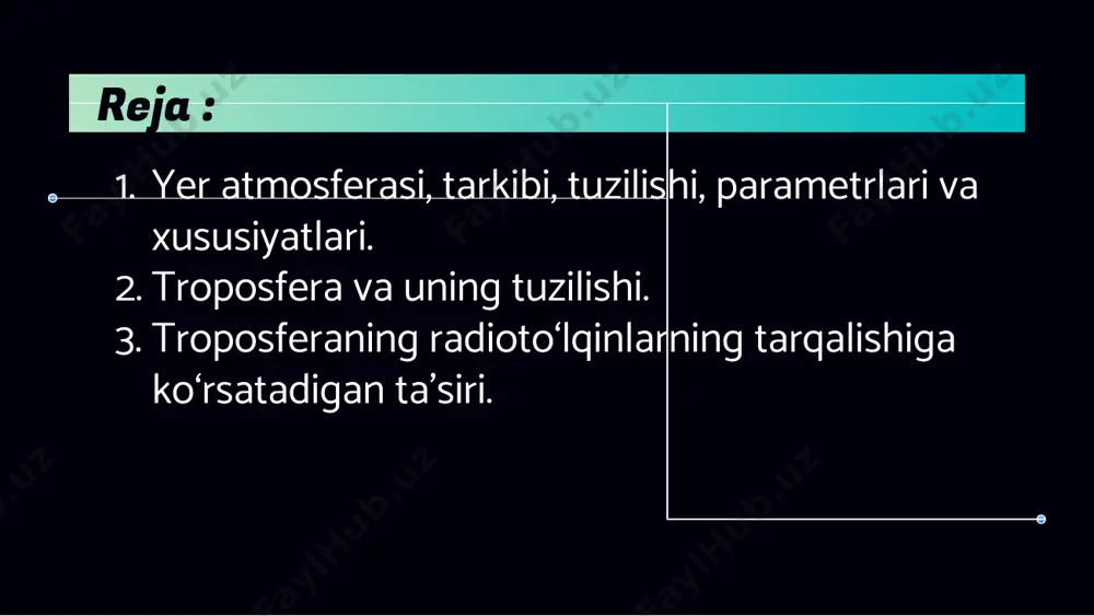 ar. stratosfera ushbu qatlam va keyingi qatlam o'rtasidagi chegara stratopoz deyiladi. unda o'z navbatida ozon qatlami kabi yerdagi hayot uchun asosiy qatlam mavjud. stratosfera 12-20 km bu ozondan tashkil topgan qatlam (o3), kislorodning biokimyoviy dissotsiatsiyasi (o.) (o.) tufayli hosil bo'ladi2) ultrabinafsha quyosh nurlanishi bilan. shunday qilib, bu nurlanish kislorod molekulasiga tushganda, u ikkita kislorod atomiga bo'linadi. ozon (ozonosfera) keyinchalik, atomik kislorod (o) juda reaktiv ekanligini hisobga olib, u kislorod molekulalari (o) bilan bog'lanadi2) va ozon hosil qiladi (o3). ozonosfera taxminan 50-80 km balandlikda joylashgan. uning ismi kelib chiqadi meso = o'rtacha. chunki u stratosfera va termosfera o'rtasida, 25% 60% 90% mezosfera bu sohada ishqalanish va issiqlik hosil qilish uchun hali ham etarli gaz mavjud, bu yuqori qatlamlarda bunday holat emas. ushbu qatlam va keyingi qatlam o'rtasidagi chegara mezopoz deb ataladi. bu meteorlarning yonib turgan qatlami. ushbu qatlam 80 dan 700 km balandlikgacha cho'zilgan bo'lib, xalqaro kosmik stantsiya va past orbitali …