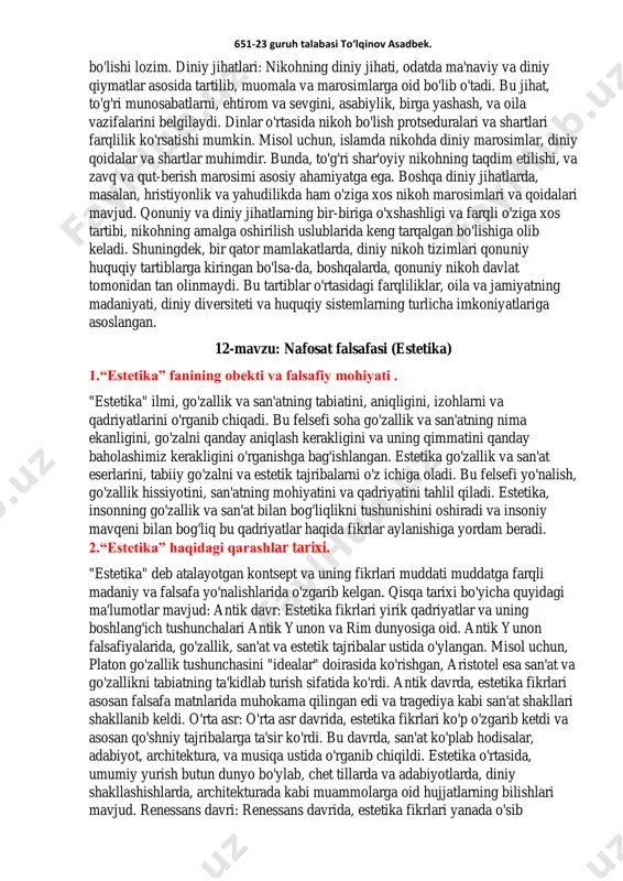 to'g'ri va noto'g'ri o'rtasidagi farqni aniqlashlarini ta'minlaydi. diniy matnlar, muqaddas kitoblar va diniy o'qituvchilarning maslahatlari, odamlarning ahlaki qadriyotlarini va to'g'ri harakatlarini belgilashda ishlatiladi. diniy axloq, odatda bir ilohiyaga yoki diniy otoritetga ega bo'lishni ajratadi va ahlaki harakatlar bu kontekstda baholangan. ilmiy qarashlar: ilmiy perspektivdan, axloqning paydo bo'lishi va tabiiyati ko'proq falsafa va ilmiy izohlarga asoslanadi. falsafa etikasi va ahlak nazariyatlari, odamlarning to'g'ri va noto'g'ri o'rtasidagi farqni qanday aniqlashlarini, yaxshi va yomon harakatlarini qanday aniqlashlarini o'rganadi. bu yaklaşımlar, odamning tabiatini, jamiyatda o'z o'rinini va etik prinsiplarni tushunishga harakat qiladi. ilmiy axloq, odatda insonning aqliy o'ylash qobiliyatlari, jamiyat soliqlariga yoki inson tabiatiga asoslanadi. ahlaki qadriyotlar va printsiplar, falsafa muzokaralar va ilmiy tadqiqotlar orqali aniqlanadi va oqim bilan qabul qilinadi. ushbu ikki qarash ko'plab holatlarda bir-birini qo'llab-quvvatlaydi yoki birgalikda ishlatiladi. diniy va ilmiy yondashuvlar, odatda ahlaki muammolarni hal qilishda muhim manbalardir va odamlarning etik qadriyotlarini aniqlashlariga yordam berishi mumkin. 4. nikohning qonuniy va …
