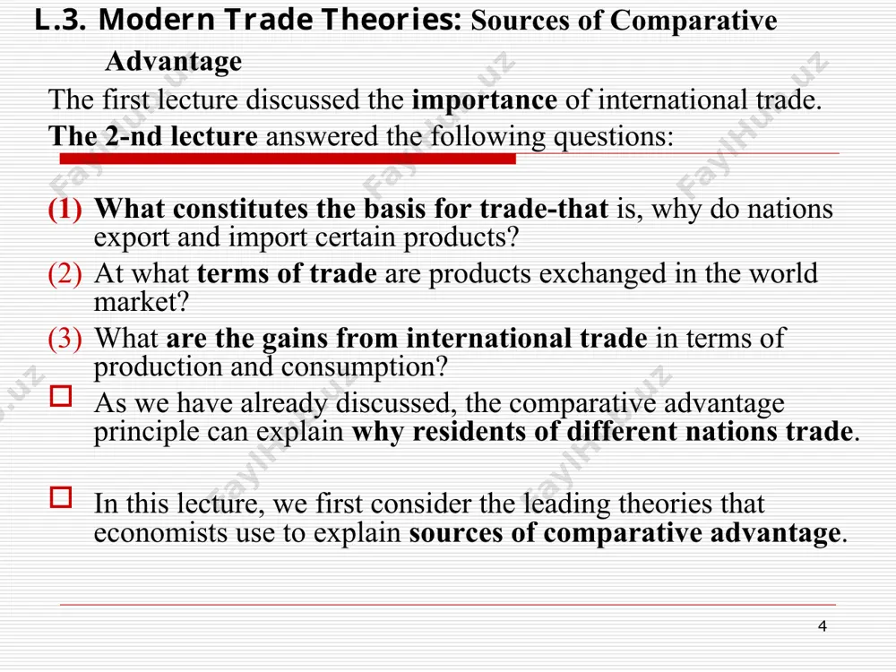 resource is used. by redirecting demand away from the scarce factor and toward the abundant factor in each nation, trade leads toward factor-price equalization. in each nation, the cheap factor becomes more expensive, and the expensive factor becomes cheaper. * 3.1. factor endowments (heckscher-ohlin theory) and the leontief paradox. the immediate basis for trade stems from relative commodity price differences among nations. contrary to the predictions of the heckscher-ohlin model, the empirical tests of wassily leontief in 1954 and 1956 with data for 1947 and 1951 demonstrated that for the united states exports are labor-intensive and import-competing goods are capital-intensive. his findings became known as the leontief paradox. because relative prices are determined by supply and demand conditions, not only resource endowments, but technology and national income are important determinants of the basis for trade. * 3.1. factor endowments (heckscher-ohlin theory) the two most popular theories of trade- the ricardian …