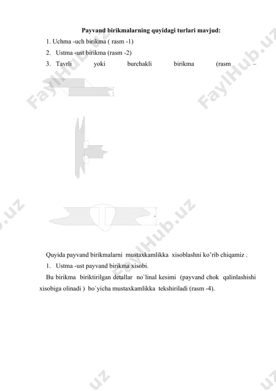 payvand chok uchun ruxsat etilgan urinma kuchlanish tavrli birikmalar xisobi. xisoblashlar kesilish kuchlanishi bo`yicha quyidagi formula yordamida amalga oshiriladi: bu erda , - payvand chok ko’ndalang kesim yuzasi qarshilik mo`lenti . h - list qalinligi. payvand choklar uchun ruxsat etilgan kuchlanishlar qiymati payvandlanayotgan material uchun ruxsat etilgan kuchlanishlarga bog’liq ravishda quyidagi jadvaldan qabul qilinadi. payvandlash turi payvand choklar uchun ruxsat etilgan kuchlanishlar cho`zilishda siqilishda ko’chishda avto`latik , qo’lda э42a va э50a elektrodlari bilan , gaz muxitida , ustma –ust, kontaktli 0.65 embed equation.3 kulda oddiy elektrodlar bilan 0.9 0.6 nuqtali kontaktli . - - 0.5 ma`lumki, payvand birikmalar ajralmas birikmalar turiga kiradi. payvand birikmalar detallarning o’zaro tegib turgan qismida payvand chok xosil qilish bilan olinadi . payvand choklar esa biror issiqlik manbai vositasidan xosil qilinadi . xozirda 60 dan ortiq payvandlash usullari mavjud bo’lib, bu usullarda materiallar eritiladi (elektr -yoy , gazli , elektron nurli va x.k ) , qizdirilmasdan …