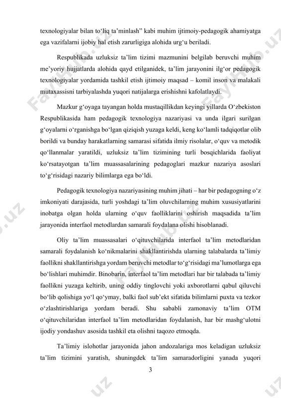 sidagi ma’lumotlarga ega bo‘lishlari muhimdir. binobarin, interfaol ta’lim metodlari har bir talabada ta’limiy faollikni yuzaga keltirib, uning oddiy tinglovchi yoki axborotlarni qabul qiluvchi bo‘lib qolishiga yo‘l qo‘ymay, balki faol sub’ekt sifatida bilimlarni puxta va tezkor o‘zlashtirishlariga yordam beradi. shu sababli zamonaviy ta’lim otm o‘qituvchilaridan interfaol ta’lim metodlaridan foydalanish, har bir mashg‘ulotni ijodiy yondashuv asosida tashkil eta olishni taqozo etmoqda. ta’limiy islohotlar jarayonida jahon andozalariga mos keladigan uzluksiz ta’lim tizimini yaratish, shuningdek ta’lim samaradorligini yanada yuqori bosqichlarga ko‘tarish masalalarining ijobiy hal etilishiga erishish ta’lim tizimining asosiy yo‘nalishlaridan biridir. respublikamizning bir qator olimlari va tajribali pedagoglar tomonidan olib borilgan tadqiqotlarda fizika darslarini samarali tashkil etish bir qator vazifalarni amalga oshirishni taqazo etadi. fizika ta’limida zamonaviy texnologiyalarni joriy etish orqali ta’lim sifatini oshirish va yuksak samaralarga erishishning optimal usullarini aniqlash, ta’lim jarayoniga tadbiq etish dolzarb masala hisoblanadi. kurs ishining maqsad va vazifalari: “gazlarning qovushqoqligi” modulini o‘qitishda interfaol talim texnologiyalaridan foydalanishda innovatsion yondashuv masalalarini …