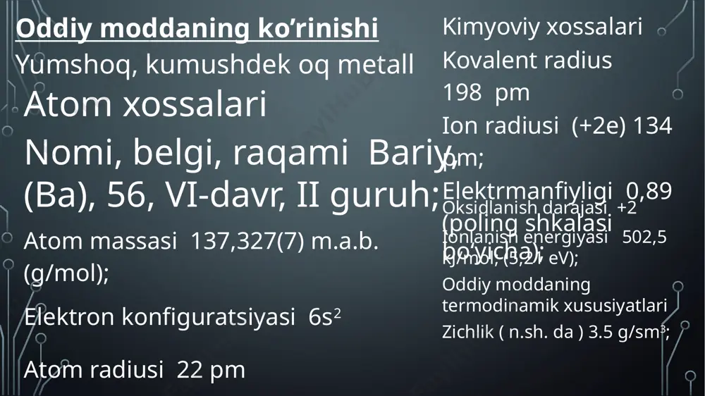 ariy alyumosilikati), hamda, gialofan, nitrobarit nomli nodir minerallari mavjud. mineral tarkibiga ko‘ra, bariy rudalari ikki xil bo‘ladi: monomineralli va kompleks rudalar. kompleks rudalarda bariy, bariy sulfidli, bariy kalsitli, temir-bariyli, hamda, bariy-flyuoritli minerallar mavjud bo‘ladi. ularning tarkibida bariyga yondosh ravishda, mis va temir kolchedani, qo‘rg‘oshin, nikel, oltin va kumush sulfidlari, simob va kvars mavjud bo‘ladi. shu nuqtai nazardan ham, sanoat miqyosida olish uchun odatda kompleksli bariy rudalariga e’tibor qaratiladi. monomineral bariy rudalarida esa, odatda bariy faqat bariy sulfidi, yoki, bariy-flyuoriti ko‘rinishida mavjud bo‘ladi va bunday rudalar gidrotermal ko‘rinishda bo‘ladi. olinishi bariy olishda asosiy xom-ashyo bu 80-95% li barit konsentrati bo‘lib, o‘z navbatida, uni ham barit mineralini flotatsiyalash usuli bilan olinadi. keyin esa, bariy sulfatni koks, yoki tabiiy gaz orqali tiklanadi. baso4 + 4c → bas + 4co baso4 + 2ch4 → bas + 2c + 4h2o keyin esa, qizdirish orqali sulfidni bariy gidroksid ba(oh)2 gacha gidrolizlanadi, yoki, co2 ta’sirida erimaydigan bariy …