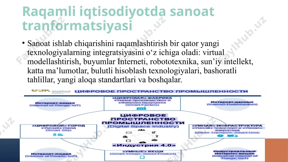 batdoshligiga olib keladigan raqamli platformalardan foydalanishga asoslangan biznes modellarining inqilobiy o'zgarishidir. raqamli platformali biznes modellarga barchamizga tanish amazon, google, uber, yandex, airbnb, amazon, alibabalarni misol sifatida keltirishimiz mumkin. bu platformalarning har biri o‘ziga xos ixtisoslashuvga va xususiyatlarga ega. ularning umumiy jihati shundaki, ular alohida-alohida funksiyalarni bajaradilar. © presentationgo.com by: .com 12 to’siqlar sun'iy intellektni joriy etish; virtual va kengaytirilgan haqiqat; narsalar interneti va boshqa ko'plab texnologiyalar. ... taxminan 52% cmolarning fikricha, raqamli marketingni o'zgartirishda asosiy to'siq - texnologiya bilimining etishmasligi. © presentationgo.com by: .com 13 © presentationgo.com by: .com 14 raqamli transformatsiya - bu ilgari ham bulutlar, mobil inqilob, konteynerlar, virtual va kengaytirilgan haqiqat va boshqa texnologiyalar bo'lgan it sohasidagi evolyutsiyaning navbatdagi bosqichi. ko'p yillar davomida korporativ sektor o'zgarishlarning to'lqinida bo'lishga intilmaydigan va asosan yangi tendentsiyalarga shubha bilan qaraydigan o'ta konservativ tashkilot sifatida qaraldi. albatta, bu yirik kompaniyalar ossifikatsiyalangan degani emas va ob'ektiv sabablar bilan izohlanadi - ular uchun katta …