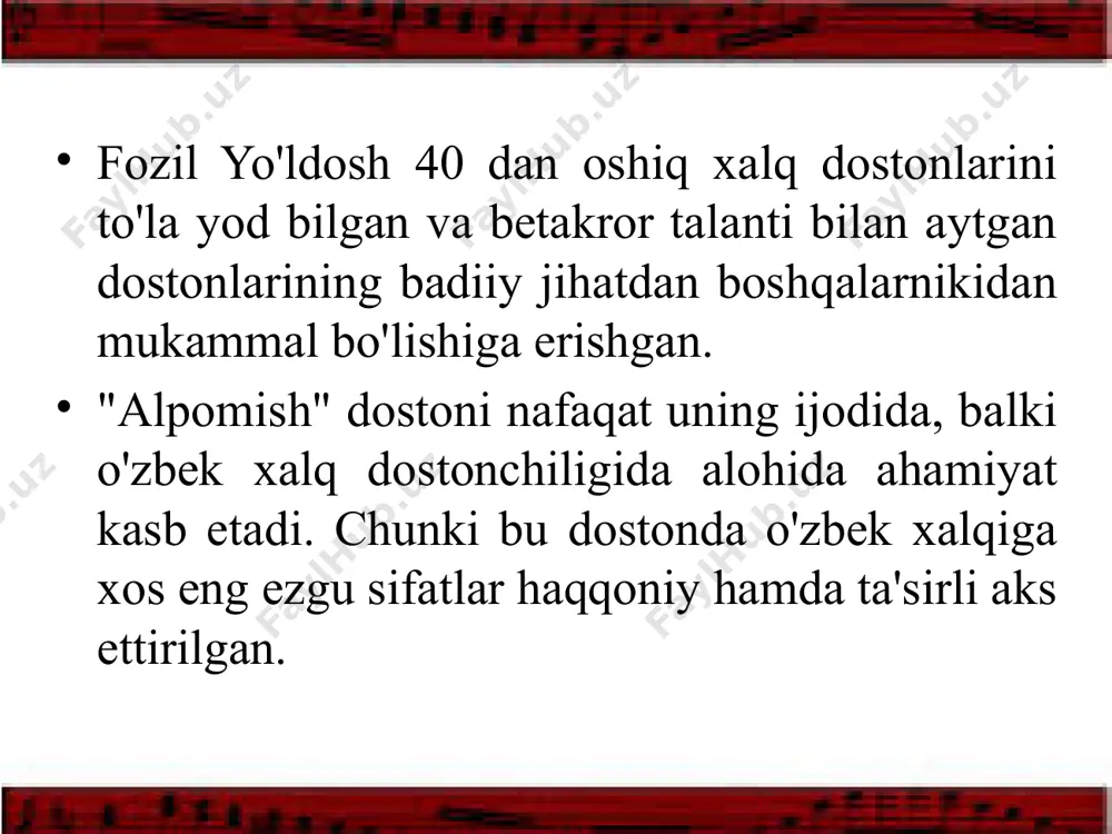 aga tegaman. 2. yoy tortishsa, yoyi sinmay qolganga, men tegaman shul yoyandoz polvonga. 3. ming qadimdan tanga pulni urganga, men tegaman shul qirag'ay merganga. 4. kurash qilib to'qson alpni yiqqanga, men tegaman nor bilakli polvonga. asar qahramonlari bilimingizni sinang! “alpomish” dostonining nechta varianti yozib olingan? alpomishning yonida o`zining insofsiz yaqinlariga qarshi kurashgan qahramon? “dobonbiydan … degan o`g’il farzand paydo bo`ldi”. “alpomish” dostonida “tarzi gul yuzli, shirin so`zli, bir siyosatli kishi” deb ta`riflangan kim? boybo`rining “kishi nimadan baxil bo`ladi, nimadan saxiy bo`ladi?” degan savoliga alpomishning javobi? yetti alpning onasi? ko`chish payti barchinning sepi necha tuyaga ortildi? “alpomish” dostonida tushlari vositasida kelajak taqdirlari bayon qilingan qahramonlar? barchinning poygasi qayerda o`tkaziladi? qalmoqlar boylab tashlagan qorajonga kim yordam beradi? yoyandozlik qayerda bo`lib o`tadi? qorajon nechta alp bilan kurash tushadi? nazariy ma’lumot. xalq dostonlari haqida "doston" forscha so'z bo'lib, qissa, hikoya, sarguzasht, ta'rif ma'nolarini bildiradi. adabiy atama sifatida ham folklorning, ham yozma adabiyotning muayyan janrini …