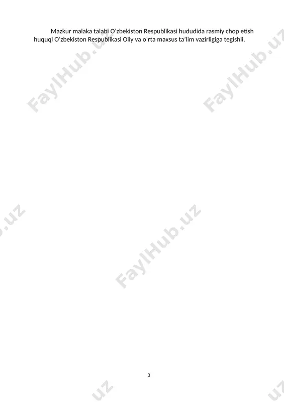 hisi keyinchalik kasbiy ta’limini chuqurlashtirish maqsadida: · kadrlar malakasini oshirish tizimida, tarmoq o‘quv muassasalarida va maxsus kurslarida malakani oshirishi; · kasbiy faoliyatning tegishli sohasida yanada yuqoriroq malakaga erish maqsadida oliy ta’lim muassasasida o‘qishni davom ettirishi mumkin. 2.4. o‘qishga qabul shartlari. o‘qishga qabul shartlari amaldagi qonunchilik asosida amalga oshiriladi. 3.bitiruvchilarning kasbiy faoliyati tavsifi 3.1. bitiruvchining kasbiy faoliyat sohasi: foydali qazilmalarni yer osti usulida qazib olishda tayyorlash, qazib olish, tashish va ekspulatatsiya ishlarini mehnat muhofazasi qoidalariga amal qilgan holda bajarish. 3.1.bitiruvchining kasbiy va faoliyat obyektlari: 3.1.1. texnik-texnolog kvalifikatsiyasi bo‘yicha: shaxta; kon jinslari; kon jinslarini qazib olishning texnologik jarayonlari: kon uskunalari va jihozlari; birlamchi mehnat jamoalari texnik va ma’lumotnoma hujjatlar. 3.2. 50721002–foydali qazilma konlarini yer osti usulida qazib olish mutaxassisligi bo‘yicha ta’lim oluvchi quyidagi faoliyat turlariga tayyorlanadi: 3.2.1.texnik-texnolog kvalifikatsiyasi bo‘yicha: foydali qazilmalarni yer osti usulida qazib olishda tayyorlash; foydali qazilmalarni qazib olish; foydali qazilmalarni yer osti usulida qazib olishda tashish ishlarin nazorta qilish; …