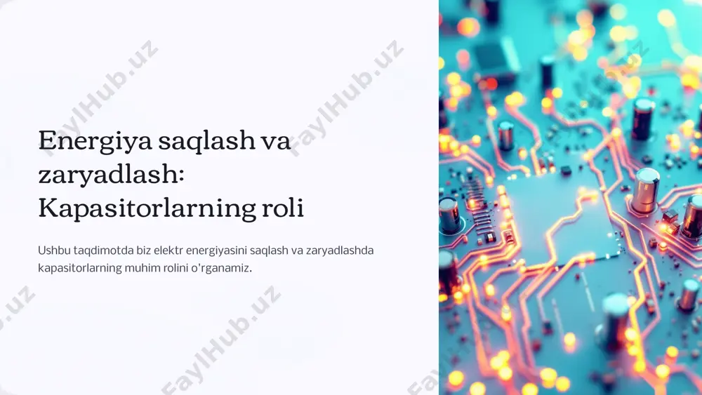 ko'pgina kapasitorlar keng harorat oralig'ida ishlashi mumkin, bu ularni turli xil sharoitlarda foydali qiladi. 7 kapasitorlar yordamida energiya saqlashning qo'llanilishi elektronika telefon, kompyuter va boshqa elektron qurilmalarda quvvatni saqlash uchun. avtomobil sanoati elektromobillarda batareyalarni qo'llab-quvvatlash va energiya samaradorligini oshirish uchun. energetika quyosh va shamol energiyasini saqlash va tarqatishda, shuningdek, elektr tarmoqlarining barqarorligini ta'minlashda qo'llaniladi. 8 kapasitorlarning razryad xarakteristikasi vaqt kuchlanish 0 sekund qoldiq kuchlanish t qoldiq kuchlanishning 36,8% 2t qoldiq kuchlanishning 13,5% 5t qoldiq kuchlanishning 0,7% 9 kapasitorlarning turli xil tuzilmalari kapasitorlar o'zlarining elektr sig'imi, ishchi kuchlanishi, o'lchamlari, ish harorati va boshqa ko'rsatkichlari bo'yicha farqlanadi. ularning tuzilishi ham xilma-xil: elektrolitik, keramika, film, havo, vakuum va boshqa turlari mavjud. 10 kapasitor turlari va ularning qo'llanilishi elektrolitik kapasitorlar yuqori sig'imga ega, elektronika qurilmalarida keng qo'llaniladi. seramik kapasitorlar kichik o'lchamli va yuqori chastotali dasturlar uchun mos keladi. film kapasitorlar yuqori kuchlanishli dasturlar uchun mos keladi, chunki ular yuqori kuchlanishga chidamli. 11 dielektrik turlari …