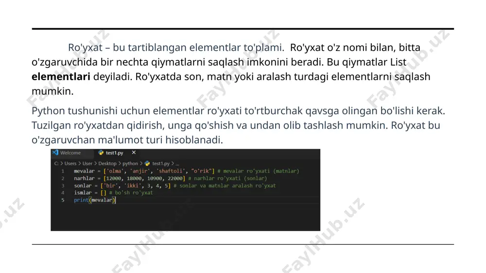 chi tomonidan to'ldirib borilishi odatiy hol. natija: ['olma', 'anjir', 'shaftoli', "o'rik", 'tarvuz'] .insert() metodi ro'yxatning istalgan joyiga yangi element qo'shish uchun .insert() metodidan foydalanamiz. metod i .insert() metodi ichida yangi elementning indeksi va qiymati beriladi: elementni o'chirish ro'yxatdan biror elementni olib tashlash uchun uning indeksini yoki qiymatini bilishimiz lozim. inedks yordamida olib tashlash uchun del operatoridan foydalanamiz: element qiymati bo'yichi o'chirish uchun esa .remove() metodidan foydalanamiz. buning uchun qavs ichida o'chirib tashlash kerak bo'lgan qiymatni yozamiz .remove() metodi ro'yxatda uchragan birinchi mos keluvchi qiymatni o'chiradi. agar ro'yxatning ichida 2 va undan ko'p bir hil qiymatli elementlar bo'lsa, ulardan eng birinchisi o'chadi. elementni ajratib olish ba'zida biror elementni butunlay o'chirib tashlash emas, balki uni ro'yxatdan sug'urib olish va undan foydalanish talab qilinishi mumkin. buning uchun pythonda .pop() metodidan foydalanmiz. natija: men banan sotib oldim olinmagan mahsulotlar: ["yog'", 'un', 'piyoz', "go'sht"] agar .pop() metodida indeks berilmasa, ro'yxatdan o'xirgi qiymat sug'urib olinadi. ro'yxatni …