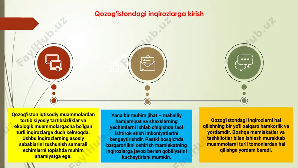 uvchi rol o‘ynaydi. mahalliy hukumatlar va jamoalar bilan hamkorlikdagi sa'y-harakatlari orqali xalqaro tashkilotlar inqirozlarning asosiy sabablarini bartaraf etishda yordam beradi va barqaror yechimlar yo'lida ishlaydi. qozog'iston inqirozlarida xalqaro tashkilotlarning roli qozog‘istondagi inqirozlarga hamjamiyat ishtiroki, hamkorlik va chidamlilikni rivojlantirish orqali yondashiladi. inqirozni boshqarishda mahalliy yechimlar asosiy hisoblanadi. 03 muammolarni hal etishda fuqarolar, nodavlat notijorat tashkilotlari va davlat organlarining faol ishtiroki muhim ahamiyatga ega. inqirozga samarali javob berish uchun hamkorlik va muloqot juda muhimdir. 02 qozog'istonda inqirozlarni boshqarishda jamoatchilik ishtiroki 01 qozog‘istondagi inqirozlarni yengish uchun hamjamiyat ishtiroki va umumiy mas’uliyat muhimligini ta’kidlab, birlashgan harakat zarur. birgalikda biz qiyinchiliklarni yengamiz. qozog‘istonda tabiiy ofatlar yoki pandemiya kabi inqirozlarga duch kelish innovatsion texnologik yechimlarni talab qiladi. ilg'or aloqa tizimlaridan tortib, ofatlarni bashorat qilish uchun sun'iy intellektgacha, mamlakat inqirozga qarshi kurashish uchun zamonaviy vositalarni qo'llaydi. 01 02 ta'sir qilingan hududlarni kuzatish va tez yordamni yetkazish uchun dronlardan samarali foydalanish inqirozli vaziyatlarda muhimligini isbotladi. qozog‘iston favqulodda vaziyatlarda …