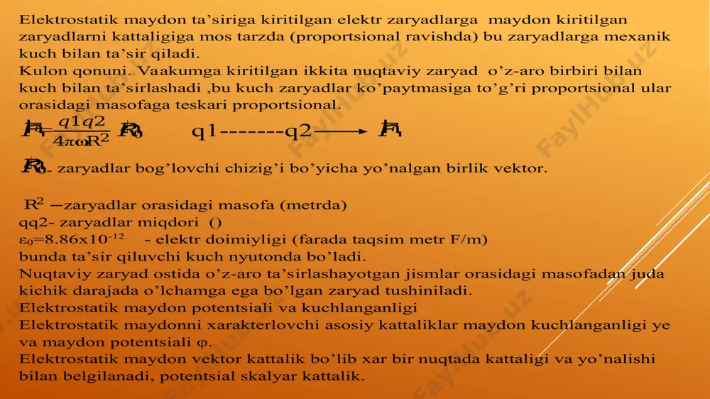 bo’yicha bajarilgan ish kuchni yo’l elementi ko’paytmasiga teng.qe× dl zaryadni 132 nuqta bo’yicha ko’chirishda bajargan ish barcha elementar bajarilgan ishlar yig’indisiga teng.bu ishni chiziqli integral orqali yozish mumkin. q ׬ 𝐸𝑑𝑙 2 1 potentsiallar farqi to’g’risida shunday xulosa qilish mumkin maydon kuchlari tamonidan birlik zaryadni 1nuqtadan 2 nuqtaga ko’chirishda bajarilgan ish deb aytish mumkin. maydonni istalgan nuqtasida potentsialni yuqoridagi formula orqali ya’ni maydon kuchlari tamonidan birlik zaryadni bir nuqtadan potentsiali nol bo’lgan nuqtaga ko’chirishda bajarilgan ish deb qarash mumkin. elektr maydoni – potentsial maydon. m-nuqtada maydonni xosil qiluvchi q1 musbat zaryad mavjud 1-nuqtadan 2-nuqtaga 3-nuqta orqali q=1ga teng bo’lgan birlik zaryad ko’chiriladi. r1- m-nuqtadan boshlang’ich nuqta 1gacha bo’lgan masofa r2 m-nuqtadan oxirgi nuqta 2gacha bo’lgan masofa r- m nuqtadan ixtiyoriy 3nuqtagacha bo’lgan masofa ixtiyoriy 3-nuqtada maydon kuchlanganligi ye yo’nalishi va yo’l elementi dl yo’nalishi ko’rsatilgan,maydon kuchlanganligini yo’l elementiga skalyar ko’paytmasi ye dl= ye dr dr- yo’l elementi dl ni rliniyaga …
