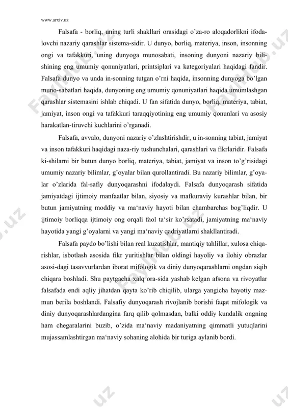 ivojlanib borishi faqat mifologik va diniy dunyoqarashlardangina farq qilib qolmasdan, balki oddiy kundalik ongning ham chegaralarini buzib, o’zida ma‘naviy madaniyatning qimmatli yutuqlarini mujassamlashtirgan ma‘naviy sohaning alohida bir turiga aylanib bordi. falsafiy dunyoqarashni bir butun qilib ushlab turgan ikki qutb mavjud: olam va odam (yoki ob‘ektivlik va sub‘ektivlik, moddiylik va ma‘naviylik, katta olam va kichik olam va hokazo). shuni nazarda tutgan holda hamyurtimiz, buyuk fay-lasuf shayx aziziddin nasafiy butun olamning o’zi ulug’ olam (olami kubro) bo’lsa. insonning o’zi kichik olamdir (insoni kubro), deb ta‘kidlaydi. bunda odam olamning bir bo’lagi sifatdagina emas, borliqning o’ziga xos shakli si-fatida idrok etiladi. boshqa narsalardan farqi shundaki, u o’ylash va bilish, sevish va nafrat-lanish, quvonish va qayg’urish, orzu qilish va baxtli bo’lish imkoniga ega. ushbu qarama-qarshi qutblar orasidagi turli munosabatlar falsa-faning bahs mavzuini tashkil etadi. falsafa uchun xarakterli bo’lgan ba‘zi savollarga nazar tashlaylik. shirinlik-shakarning ob‘ektiv xossasimi yoki odamning sub‘ektiv tuyg’usimi? go’zallik-narsalarga xos xususiyatmi yoki inson tomonidan …