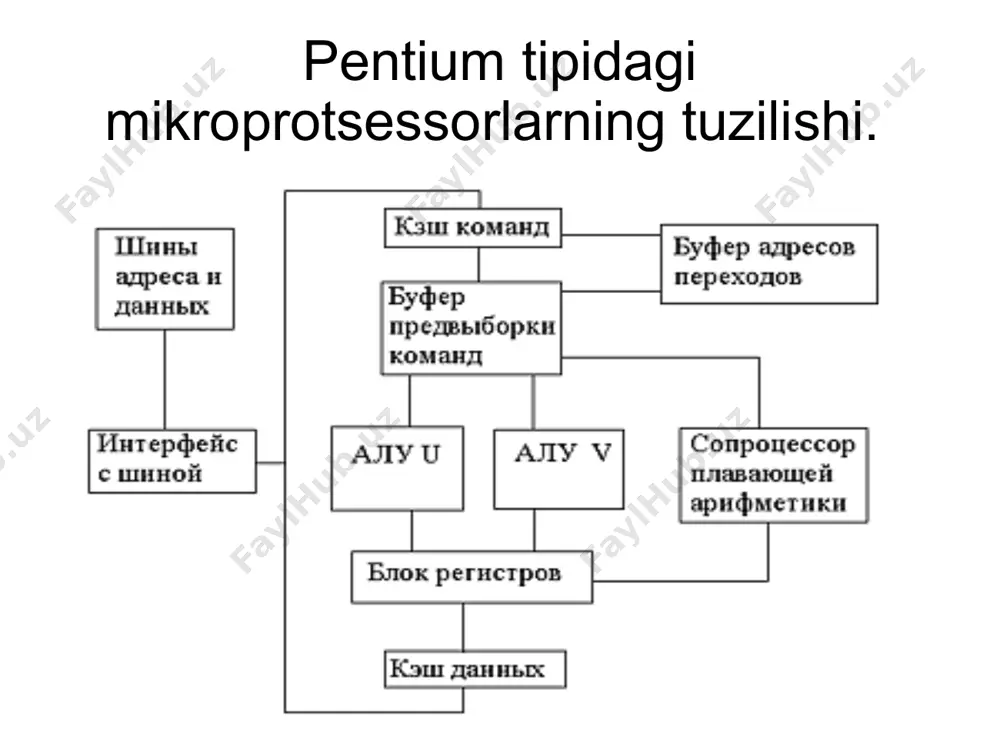 ng to'liq manzillarini shakllantirish uchun mo'ljallangan. o'z tarkibiga kiradi: mikroprotsessor xotirasining manzil registrlari, manzilni shakllantirish tuguni, mikroprotsessorda buyruqlar buferi bo'lgan buyruqlar registri bloki, mikroprotsessorning ichki interfeysi avtobusi va avtobus va i / u portlarini boshqarish sxemalari. i / u portlari-bu mikroprotsessor boshqa qurilmalar bilan ma'lumot almashadigan kompyuterning tizim interfeysi elementlari. avtobus va portni boshqarish sxemasi portlar bilan aloqa qilish uchun tizim avtobusining ko'rsatmalari, manzillari va ma'lumotlarining kod avtobuslaridan foydalanadi: portga kirishda mp barcha i / u qurilmalarini ksha-dagi manzil portlarning manzili ekanligi to'g'risida xabardor qiladigan signal yuboradi va keyin port manzilini o'zi yuboradi. port manzili mos keladigan qurilma tayyorlik to'g'risida javob beradi, shundan so'ng ma'lumotlar kshd orqali almashiladi. mikroprotsessor mikroarxitekturasi bular mikroprotsessorning apparat tashkiloti va mantiqiy tuzilishi, registrlar, boshqaruv sxemalari, arifmetik-mantiqiy qurilmalar, saqlash moslamalari va ularni bog'laydigan axborot liniyalari. image1.png