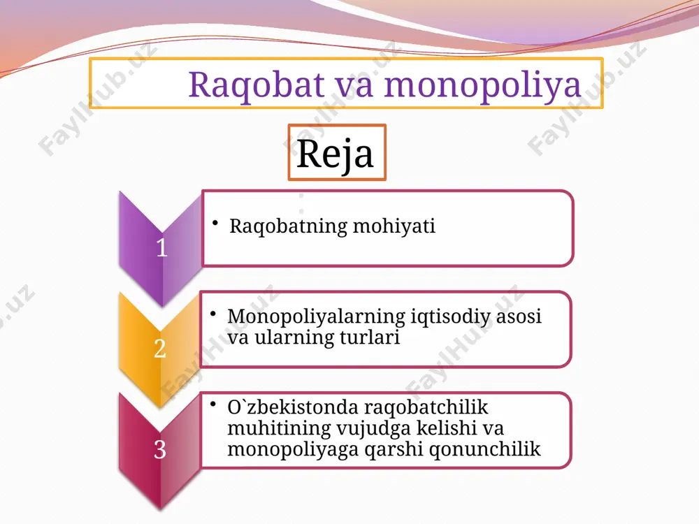 oliya, oligopoliya va monopsoniya. sof monopoliya – tarmoqdagi yagona ishlab chiqaruvchi yoki sotuvchining narx va ishlab chiqarish hajmini belgilashdagi yakkahukmronlik holati hisoblanadi. monopsoniya – tarmoqdagi ishlab chiqaruvchi yoki sotuvchilar soni juda ko‘p bo‘lib, ular tovar yoki xizmatlarining yagona iste’molchisi yoki xaridori mavjud bo‘lgan sharoitdagi yakkahukmronlik holati hisoblanadi monopoliyaning vujudga kelishi sababi va tavsifiga ko‘ra: tabiiy monopoliya, legal monopoliya, sun’iy monopoliya. tabiiy monopoliya – korxonaning texnologik xususiyatlari sababli mahsulotga bo‘lgan talabni qondirish raqobat mavjud bo‘lmagan sharoitda samaraliroq amalga oshiriluvchi tovar bozorining holati. legal (qonuniy) monopoliya – bu qonuniy tarzda tashkil etiluvchi monopolistik holat. sun’iy monopoliya – monopol foyda olish maqsadida tashkil etiluvchi birlashmalarning shartli (tabiiy monopoliyalardan ajratib turish uchun) nomi. sun’iy monopoliyalar kartel, sindikat, trest, konsorsium, konsern kabi aniq shakllarda namoyon bo‘ladi. kartel – bitta sanoat tarmog‘idagi bir necha korxonalarning uyushmasi bo‘lib, uning ishtirokchilari ishlab chiqarish vositalari va mahsulotlariga o‘z mulkiy egaligini saqlab qoladi. sindikat – bir turdagi mahsulot ishlab chiqaruvchi …