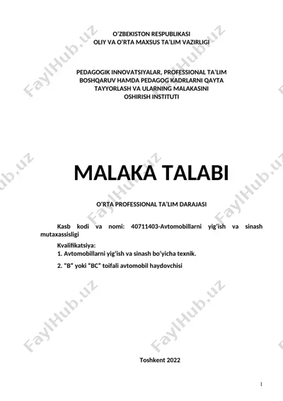 avtomobillarni yig‘ish va sinash mutaxassisligi — DOC