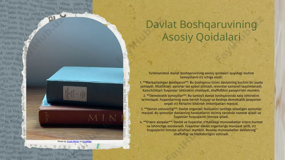 uhimdir. samarali hamkorlikdan olingan foydalar: fuqarolar o'z fikrlarini erkin ifoda etishlari, shuningdek, muammolarni hal qilishda mahalliy hokimiyat bilan birgalikda harakat qilishlari mumkin. bu, o'z navbatida, jamiyatda ishonchni oshiradi va barqaror rivojlanishga olib keladi. photo by anjali mehta on unsplash xulosa turkmaniston davlat boshqaruvi tizimi prezident, parlament va boshqa davlat organlarining o'zaro aloqalarini o'z ichiga oladi. markazlashgan boshqaruv afzalliklari, masalan, tez qaror qabul qilish imkoniyatini taqdim etsa, kamchiliklari esa demokratik tamoyillarni cheklashi mumkin. qonun chiqarish jarayoni fuqarolar ishtirokini ta'minlashda muhim rol o'ynaydi, shuningdek, mahalliy hokimiyat bilan hamkorlik ko'plab ijtimoiy masalalarni hal qilishda yordam beradi. davlat va fuqarolar o'rtasidagi munosabatlar qonun ustuvorligini ta'minlashda muhimdir. photo by kadarius seegars on unsplash e'tiboringiz uchun rahmat! image1.png image2.png image3.png image4.png image5.png image6.png image7.png image8.png image9.png image10.png image11.png image12.png image13.png image14.png image15.png image16.png image17.png image56.jpg image24.png image18.png image19.png image20.png image21.png image22.png image23.png image25.png image26.jpeg image27.png image28.png image57.jpg image52.png image53.png image54.png image55.png