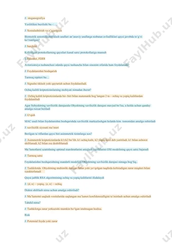k markazlashgan holatda kim tomonidan amalga oshiriladi j: xavfsizlik siyosati ma’muri berilgan ta`riflardan qaysi biri asimmetrik tizimlarga xos? j: asimmetrik kriptotizimlarda k1≠k2 bo’lib, k1 ochiq kalit, k2 yopiq kalit deb yuritiladi, k1 bilan axborot shifrlanadi, k2 bilan esa deshifrlanadi ma’lumotlarni uzatishning optimal marshrutlarini aniqlash vazifalarini osi modelining qaysi satxi bajaradi j: tarmoq satxi foydalanishni boshqarishning mandatli modelida obyektning xavfsizlik darajasi nimaga bog‘liq.. j: tashkilotda obyektning muhimlik darajasi bilan yoki yo‘qolgan taqdirda keltiradigan zarar miqdori bilan xarakterlanadi qaysi juftlik rsa algoritmining ochiq va yopiq kalitlarini ifodalaydi j: {d, n} – yopiq, {e, n} – ochiq; diskni shifrlash nima uchun amalga oshiriladi? j: ma’lumotni saqlash vositalarida saqlangan ma’lumot konfidensialligini ta’minlash uchun amalga oshiriladi tahdid nima? j: tashkilotga zarar yetkazishi mumkin bo‘lgan istalmagan hodisa. risk j: potensial foyda yoki zarar barcha kabel va tarmoq tizimlari; tizim va kabellarni fizik nazoratlash; tizim va kabel uchun quvvat manbai; tizimni madadlash muhiti. bular tarmoqning qaysi satxiga …