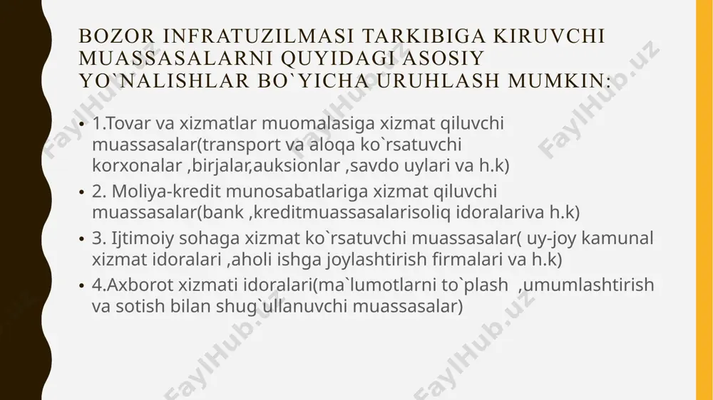 i belgilash; - biznesni davlat va jamoat tomonidan tartibga solish, huquqiy va iqtisodiy jihatdan nazorat qilish shakllarini yengillashtirish; 3.bozor infratuzilmasining shakillanishi bozor infratuzilmasining turlari va tarkibiy qismlari bozor iqtisodiyotiga bosqichma-bosqich o'tish bozorning ko'p bo'g'inli infratuzilmasini yaratishni talab qiladi. bozor infratuzilmasi turli xil vazifalami bajaruvchi tarkibiy qismlar, unsurlardan iborat tizimni namoyon etadi. bozor mexanizmlarining to'liq, samarali amal qilishi infratuzilma tarkibiy qismlarining turli tumanligi va yetarli darajada rivojlanganligiga bog'liq bo'ladi. shunga ko'ra, bozor infratuzilmasining tarkibiy qismlarini belgilab olish, ulaming har birining ahamiyatini o'rganish, iqtisodiy tabiatini ochib berish muhim hisoblanadi. e`tiboringiz uchun rahmat image1.jpg image2.jpg image3.tmp image4.jpg image5.png image6.jpeg /docprops/thumbnail.jpeg