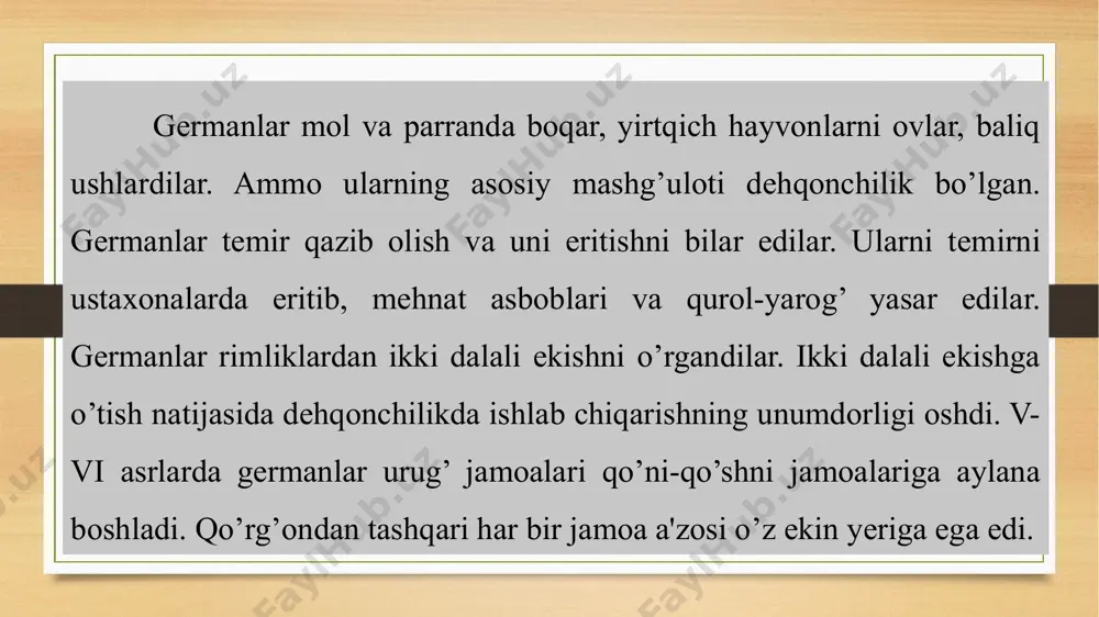 n. buyuk karlning pomestelar haqidagi kaputulyariyasi, qirolning qo`l ostidagi hamma pomestelaridagi xo`jalik va boshqarish faoliyatiga qirolning doimiy aralashganini tasvirlaydi. votchina xo`jaligi feodalni asosiy hunarmandchilik mahsulotlari bilan ham ta’minlagan. bu davrda hunarmandchilik qishloq xo`jaligidan ajratilmagan. karolinglar davridagi feodal pomesteni o`rganishda buyuk karlning “pomestelar to`g’risidagi kapitulyariy”si, “abbat irminon poliptigi” deb atalgan hujjat va “qirol va cherkov yerlar” ro`yhatining namunalari katta ahamiyatga ega. shu manbalarga qarab, biz ilk o`rta asrlardagi feodal pomestesining manzarasini ko`z oldimizga keltira olamiz. “pomestelar haqidagi kapitulyariy” qator olimlarning fikricha, buyuk karl tomonidan ix asrning boshlarida nashr etilgan. lekin shunday fikrlar ham borki, u buyuk karlning o`g’li akvitaniya qiroli lyudovik hudojo`y tomonidan tuzilgan, deyiladi. foydalanilgan adabiyotlar салическая правда. – москва, 1950. қурбонгалиева р. ўрта асрлар тарихидан ўқув-методик қўлланма. – тошкент: ўқитувчи, 1991. madaminov t. o’rta asrlar tarixidan lavhalar. – toshkent: fan, 2007. jahon tarixi 1-qism qadimgi va o’rta asrlar davri. toshkent. 2013 image5.png image6.png image7.jpg image8.jpg image9.jpeg image10.tmp image11.jpg image12.jpg …